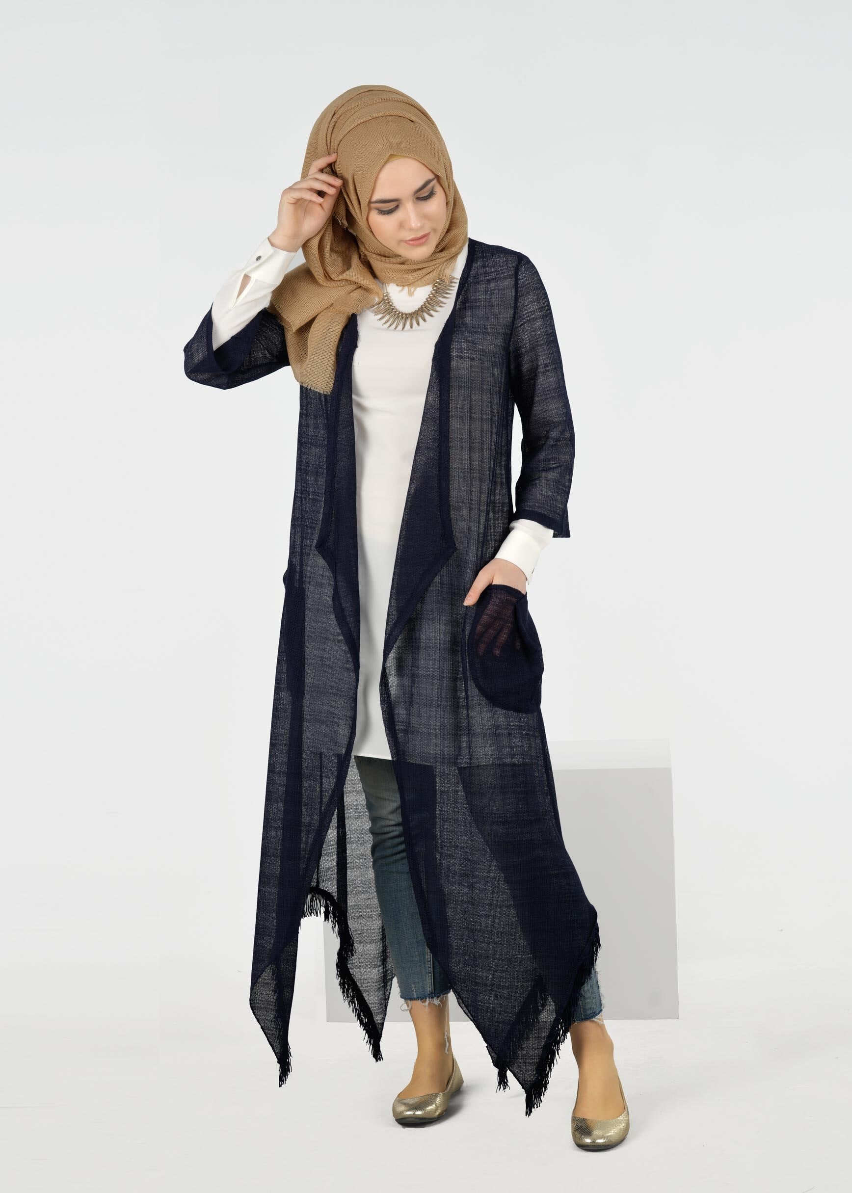 Tesettür giyim LACİVERT 4141 ÇİZGİLİ DANTEL TESETTÜR CEKET 38/46