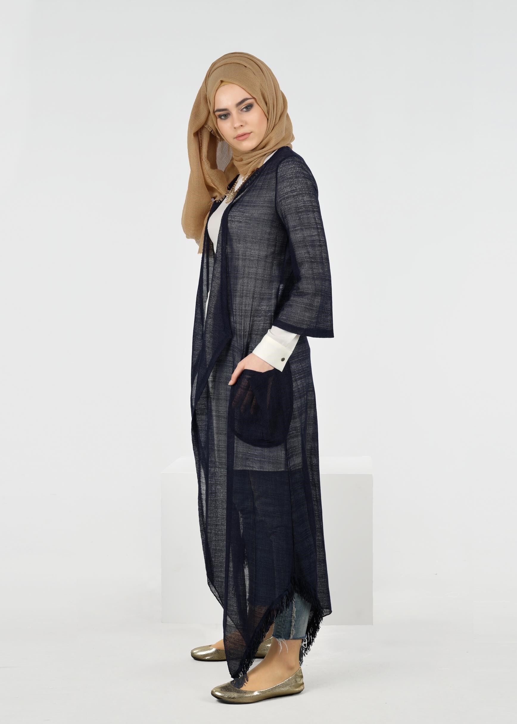 Tesettür giyim LACİVERT 4141 ÇİZGİLİ DANTEL TESETTÜR CEKET 38/46