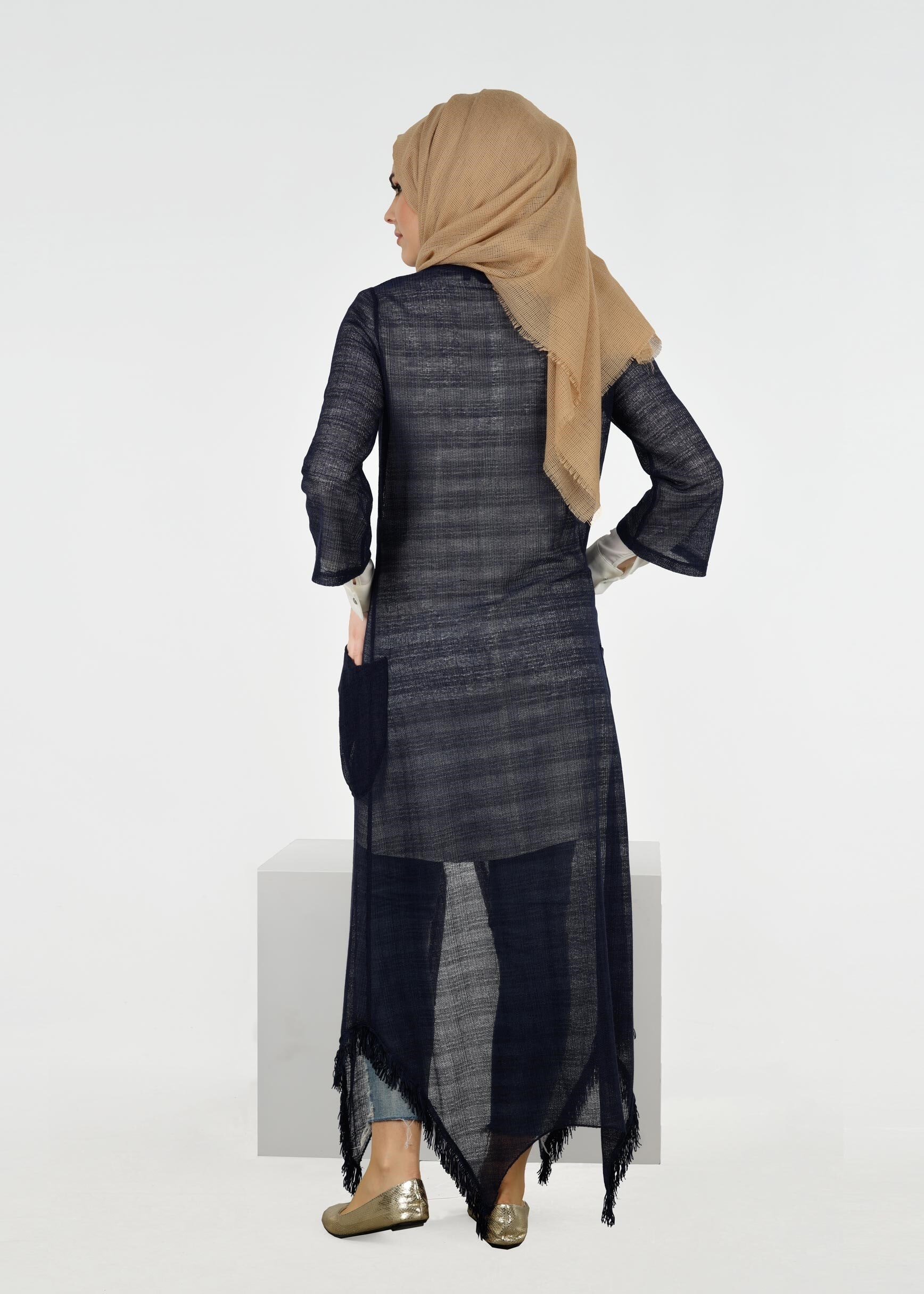 Tesettür giyim LACİVERT 4141 ÇİZGİLİ DANTEL TESETTÜR CEKET 38/46