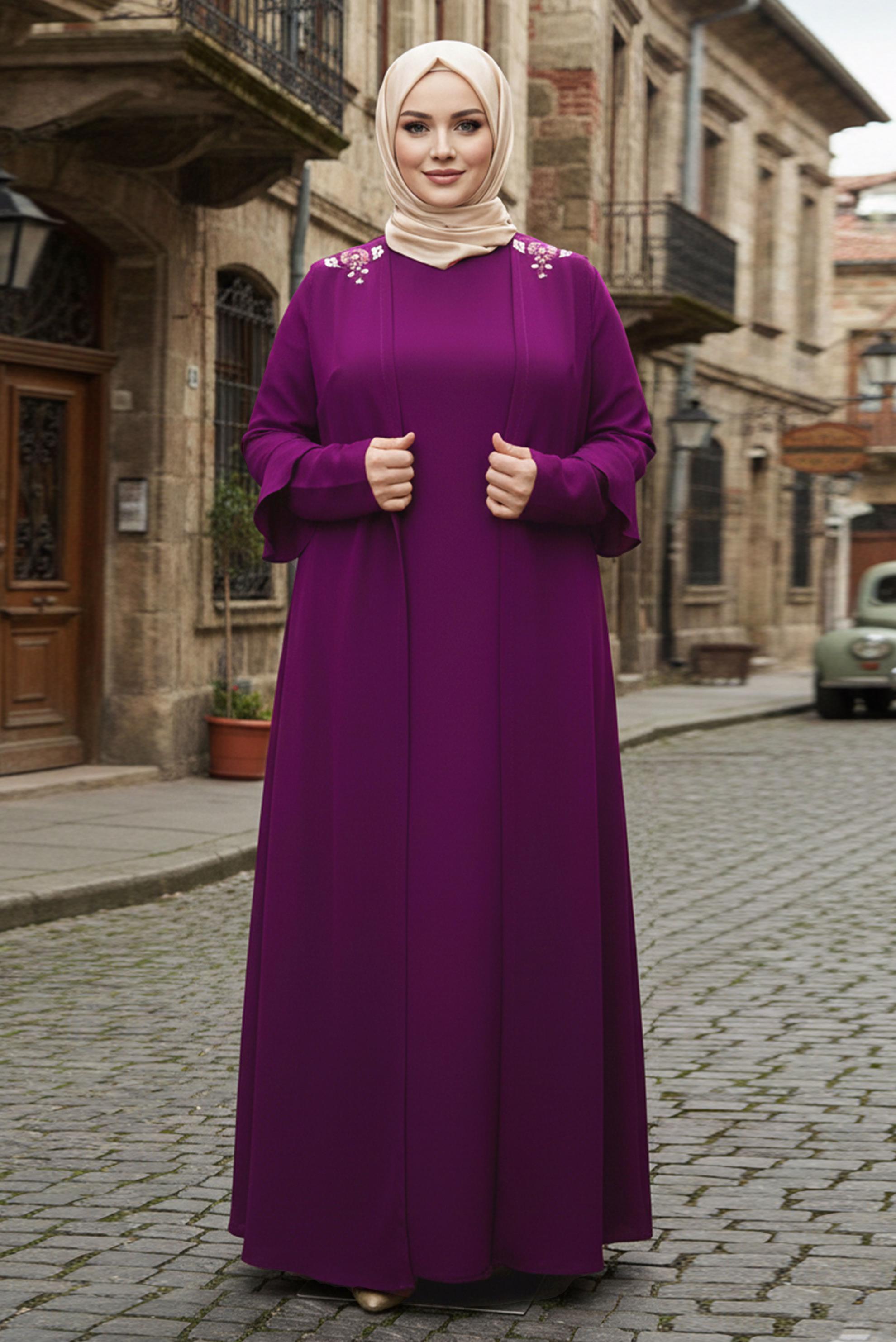 Tesettür giyim MOR YELEKLİ ELBİSE TAKIMI 2697