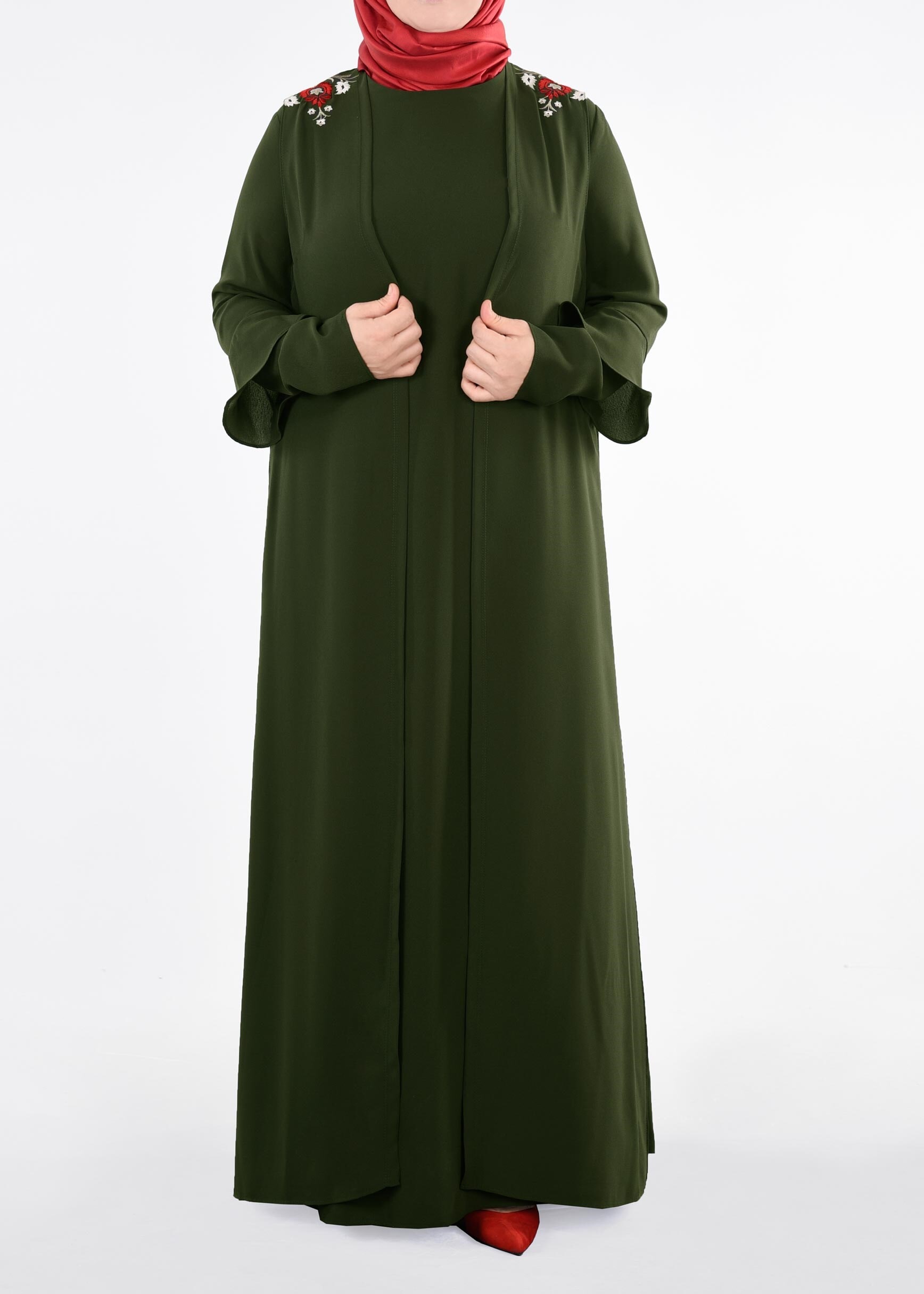 Tesettür giyim HAKİ 2697 NİL CREP 2′Lİ ELBİSE 44/50 TEK46