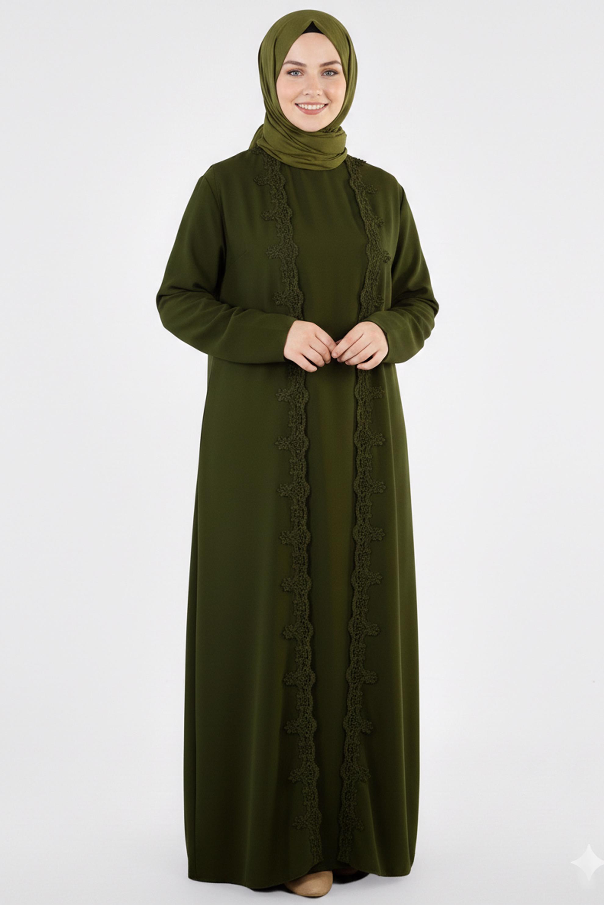 Tesettür giyim HAKİ GÜPÜRLÜ ELBİSELİ TAKIM 2699