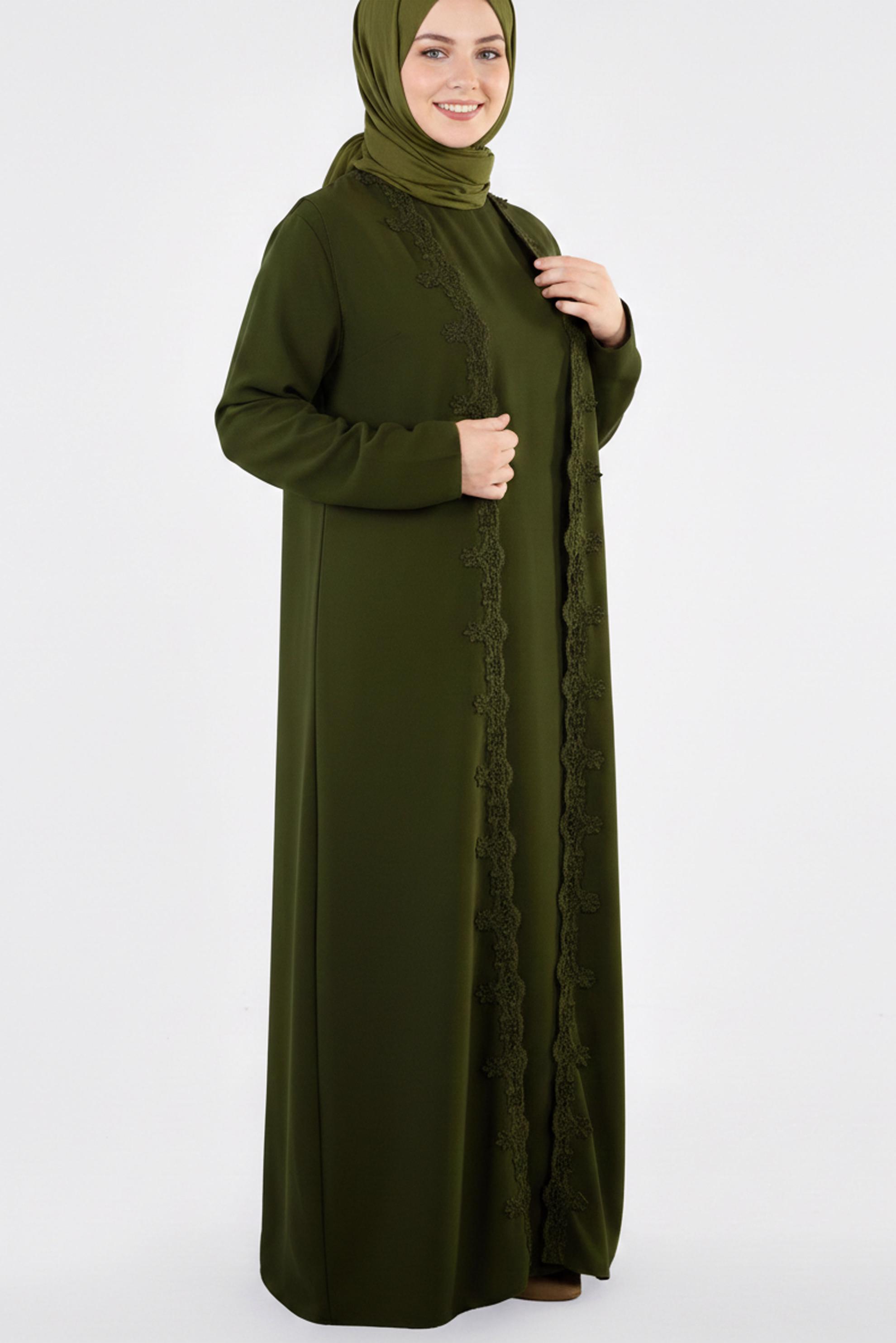 Tesettür giyim HAKİ GÜPÜRLÜ ELBİSELİ TAKIM 2699