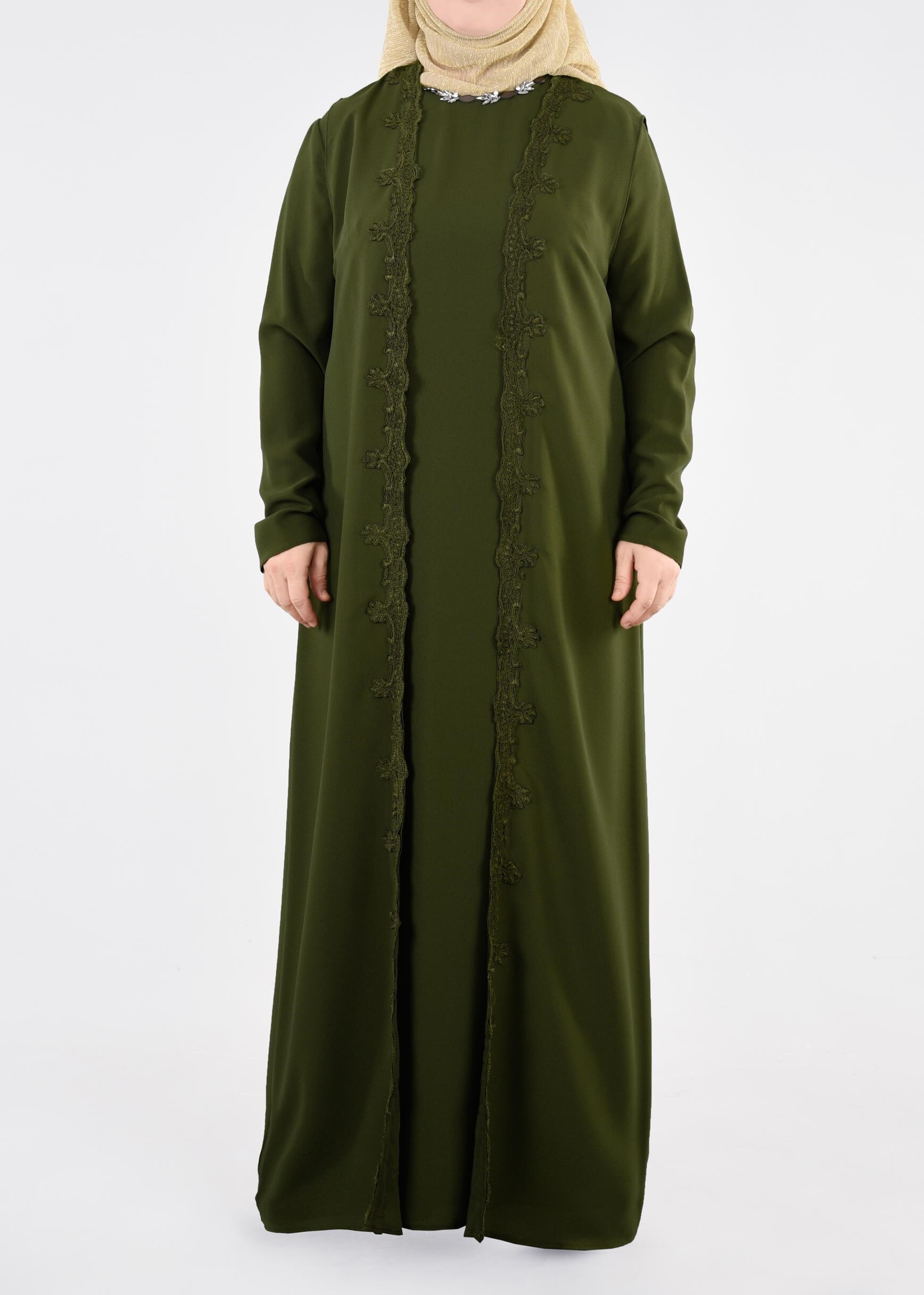 Tesettür giyim HAKİ 2699 NİL CREP 2&prime;Lİ ELBİSE 44/52 TEK46