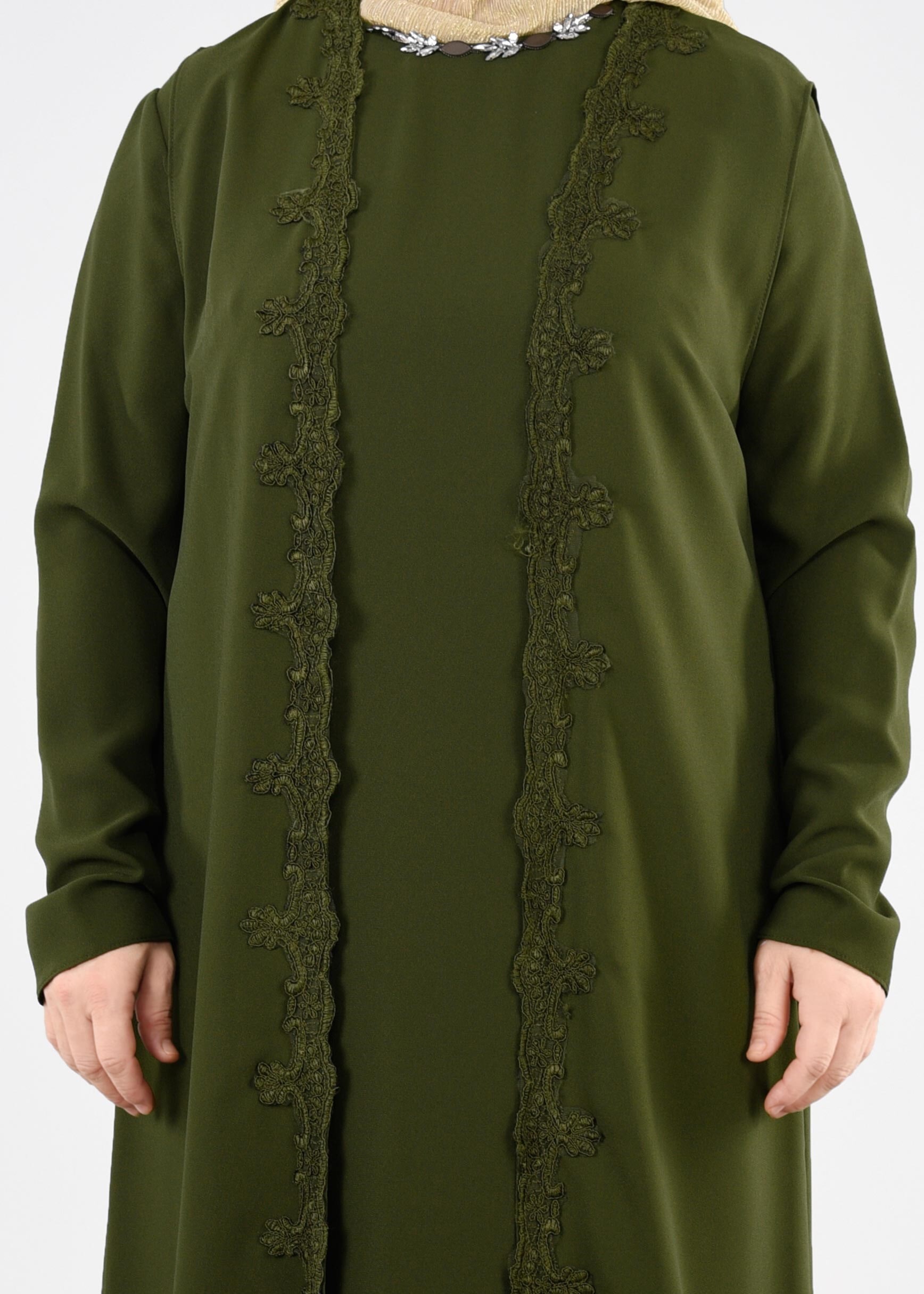 Tesettür giyim HAKİ 2699 NİL CREP 2&prime;Lİ ELBİSE 44/52 TEK46