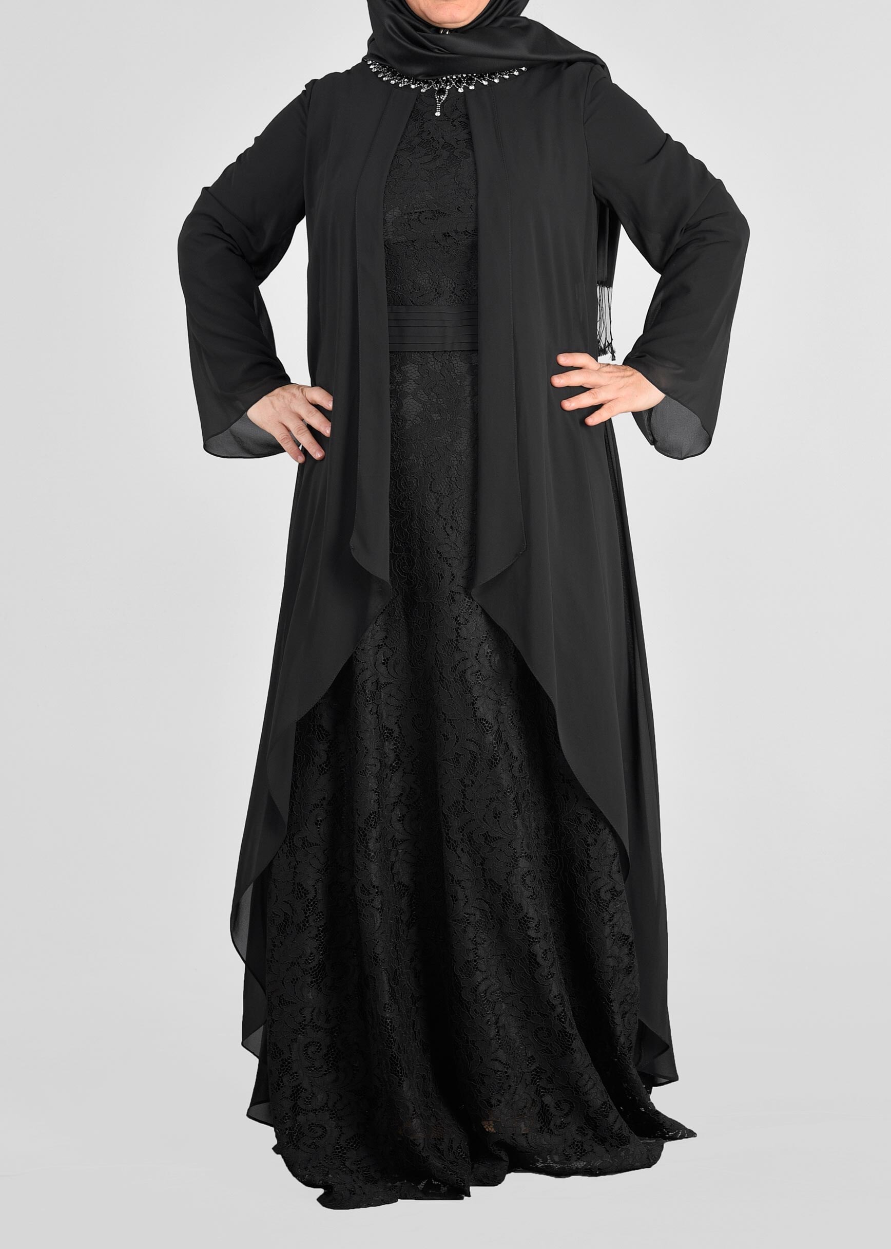 Tesettür giyim SİYAH 2727 NEW MULTİ ŞİFON ELBİSE 46/52