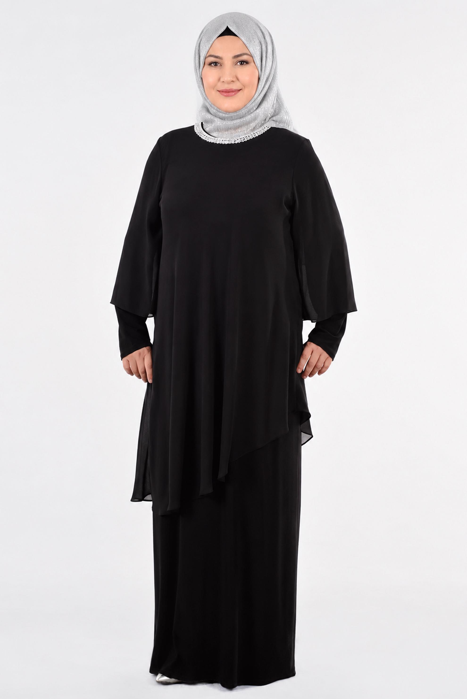 Tesettür giyim SİYAH ASİMETRİK KESİM ELBİSE 2728