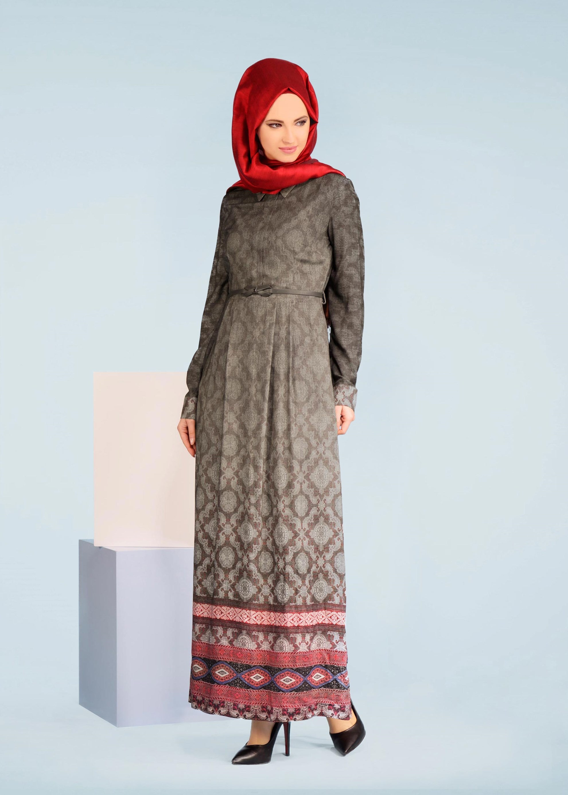 Tesettür giyim GRİ 4081 BELMANDO 10779 TESETTÜR  ELBİSE 38/44 TEK40