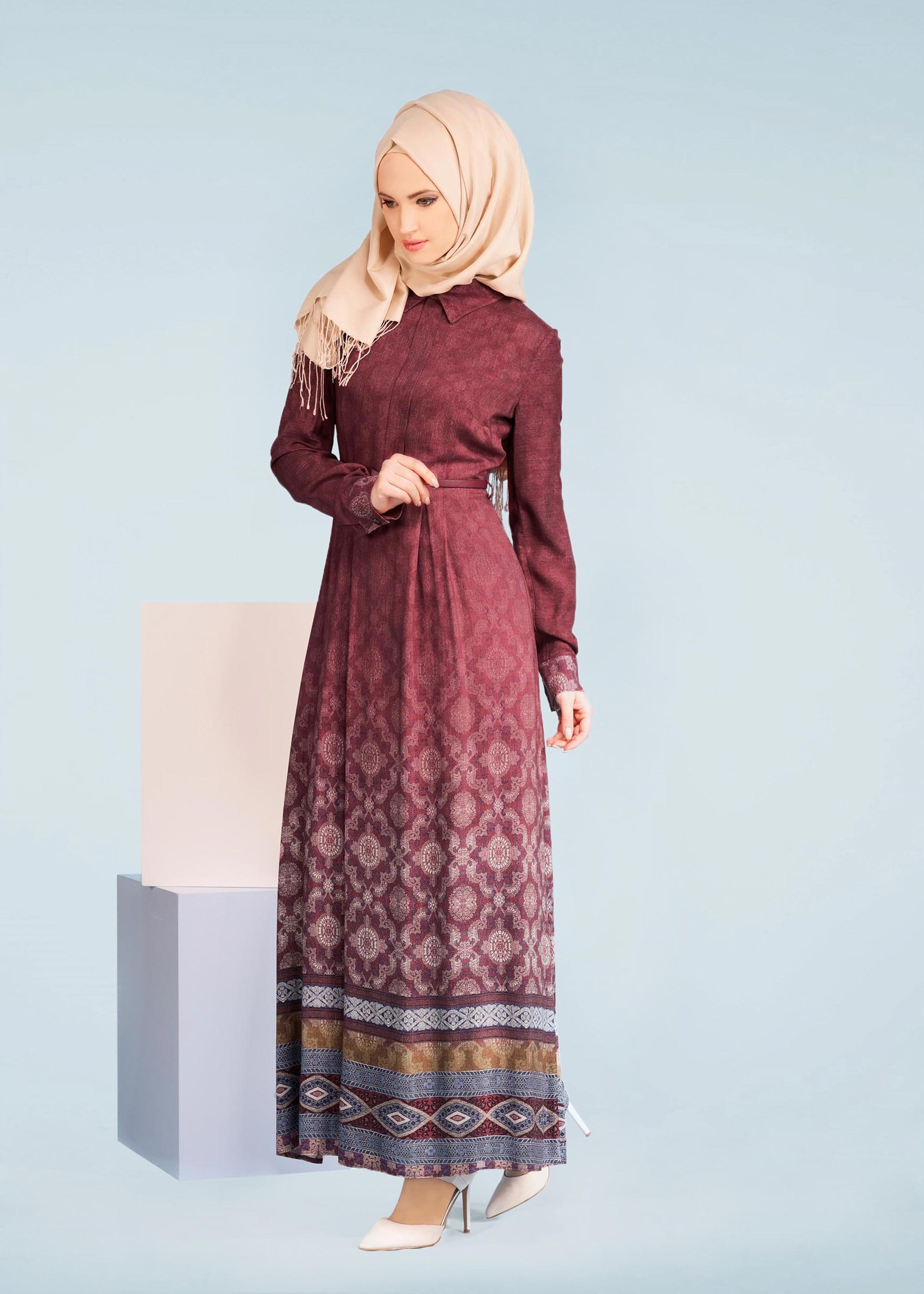 Tesettür giyim BORDO 4081 BELMANDO 10779 TESETTÜR  ELBİSE 38/44 TEK40