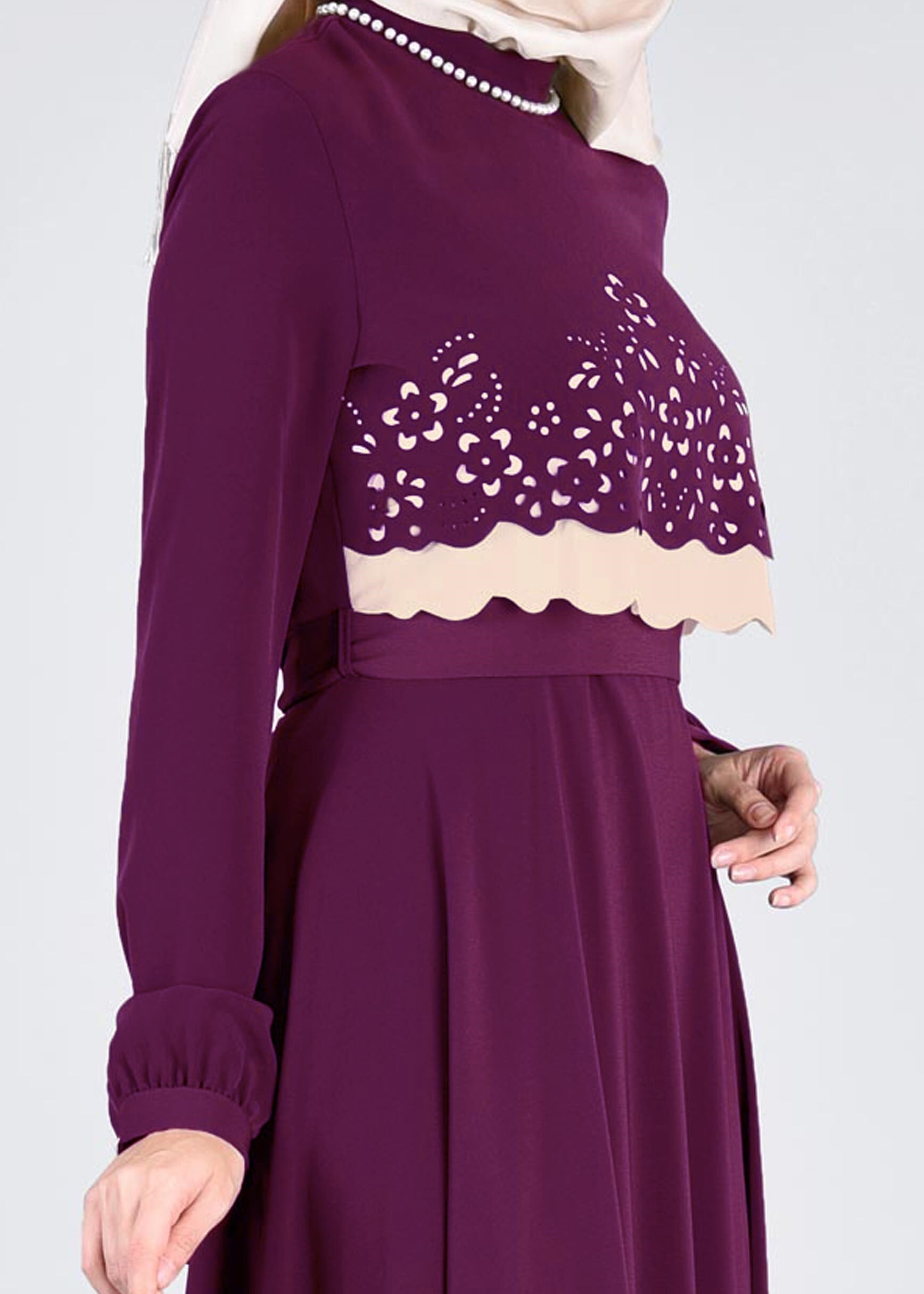 Tesettür giyim MOR ÇİÇEK DESEN DETAYLI KUŞAKLI ELBİSE 4165 