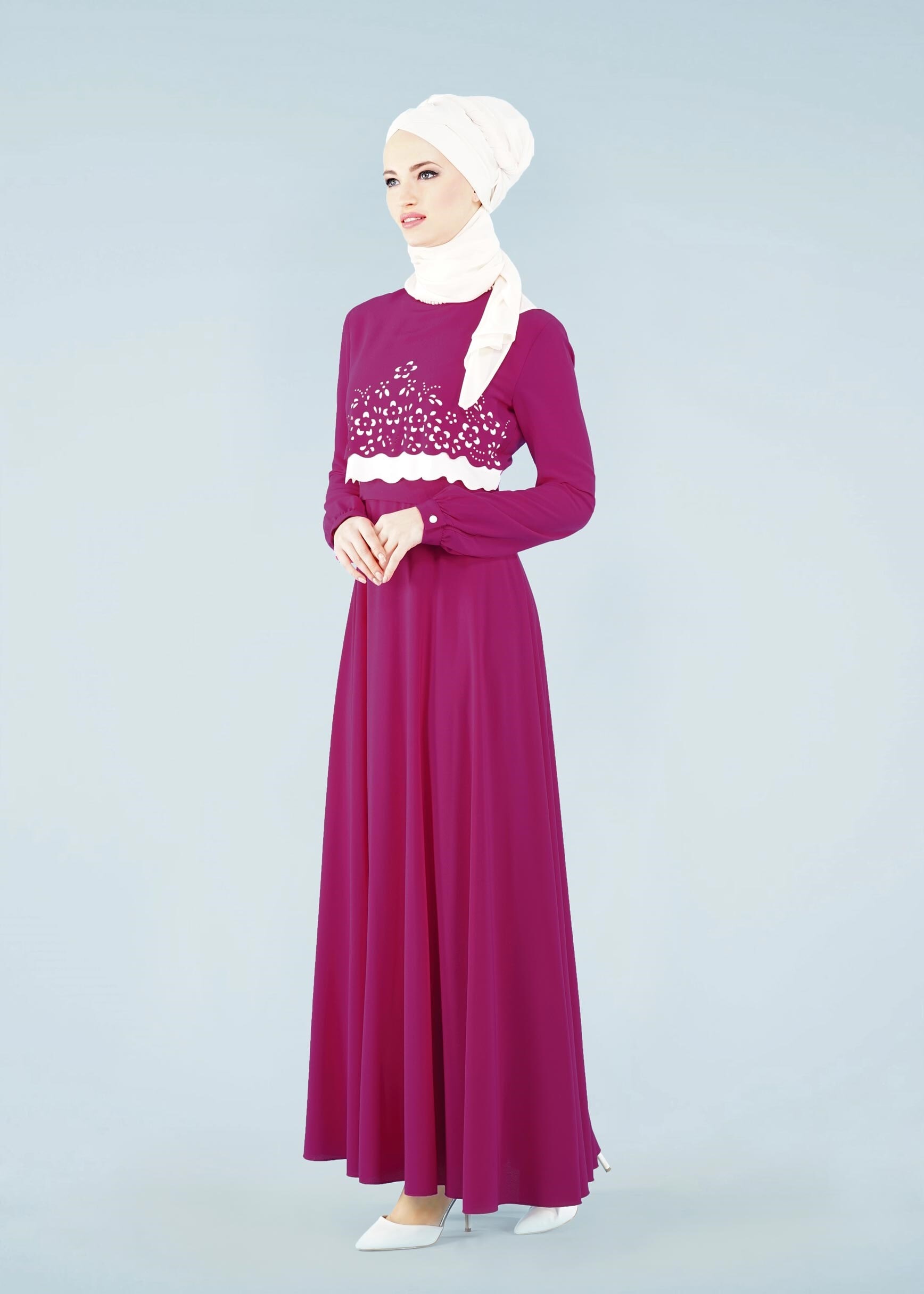 Tesettür giyim MOR ÇİÇEK DESEN DETAYLI KUŞAKLI ELBİSE 4165 