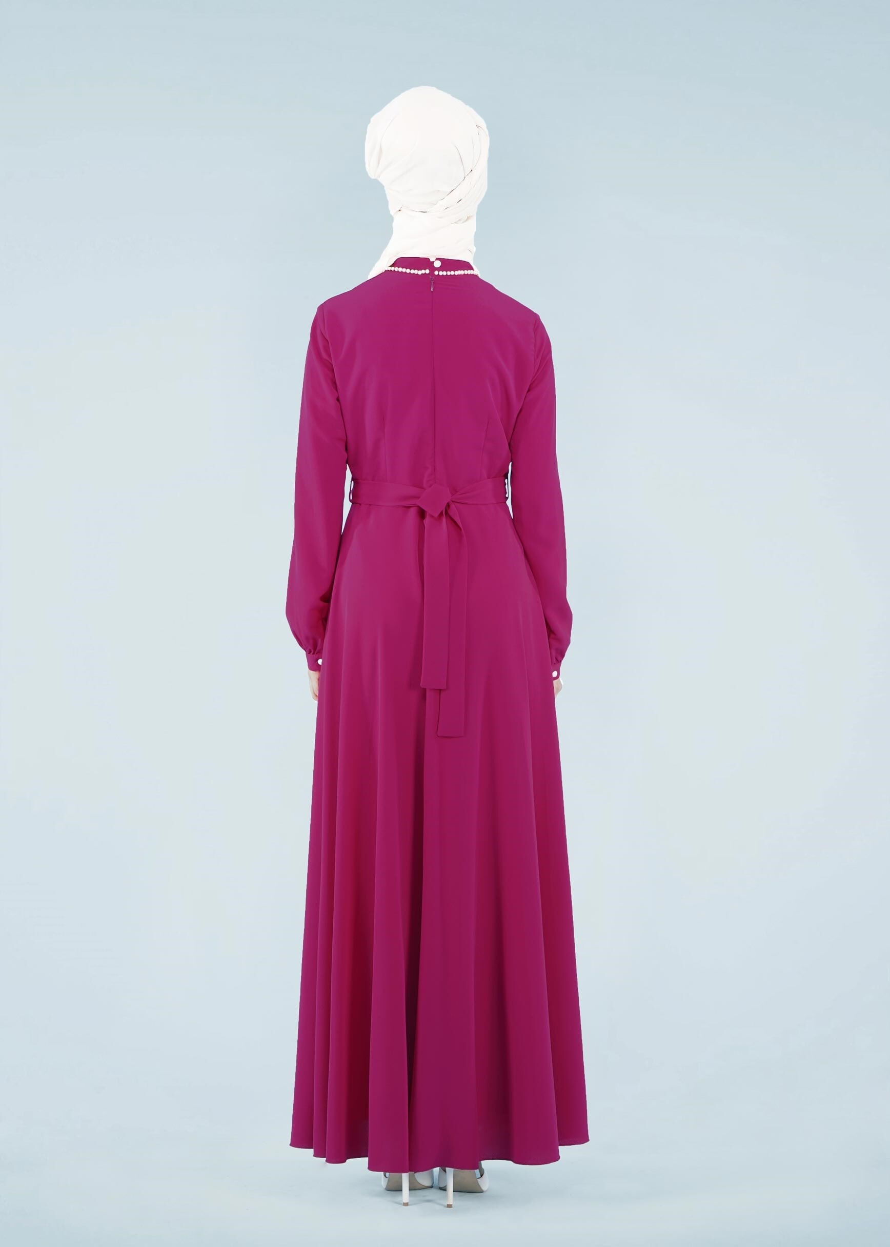 Tesettür giyim MOR ÇİÇEK DESEN DETAYLI KUŞAKLI ELBİSE 4165 