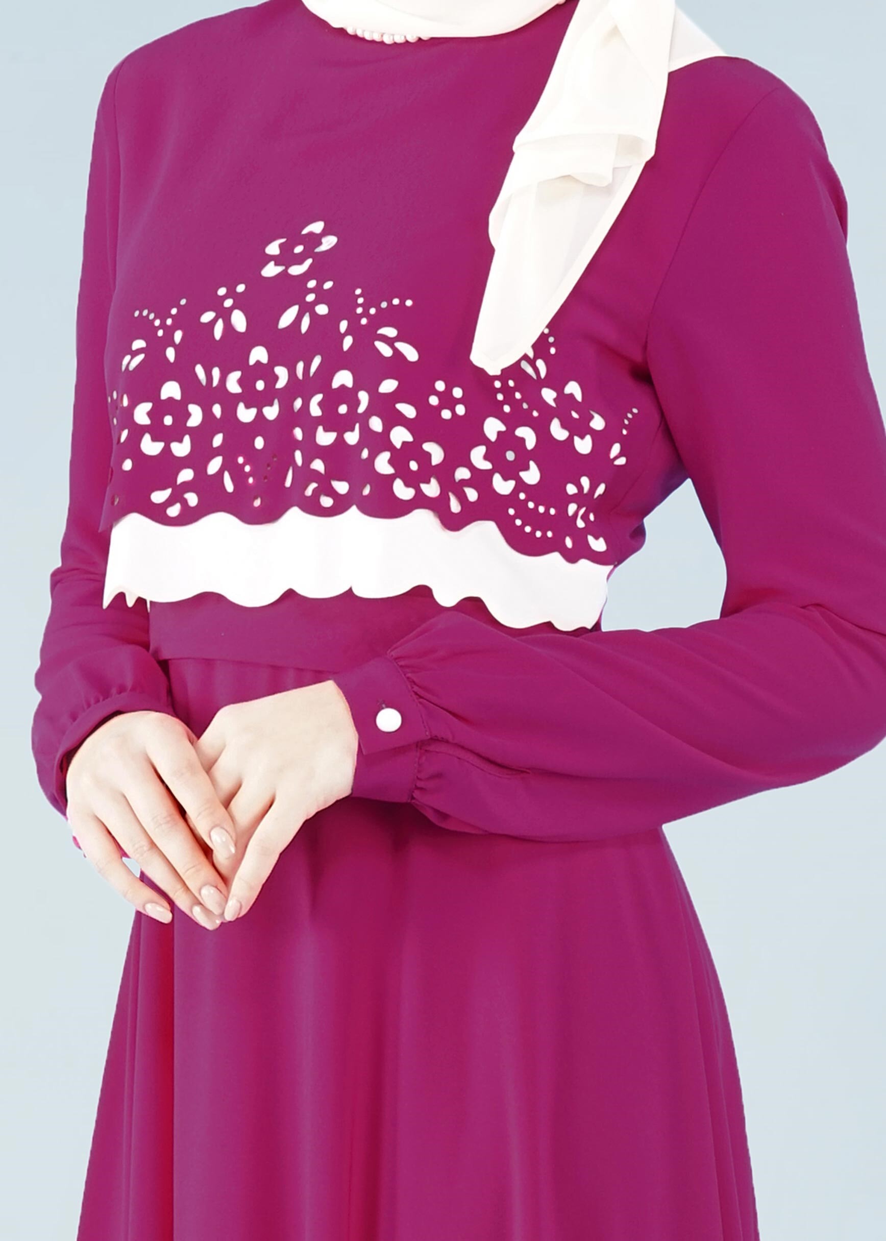 Tesettür giyim MOR ÇİÇEK DESEN DETAYLI KUŞAKLI ELBİSE 4165 