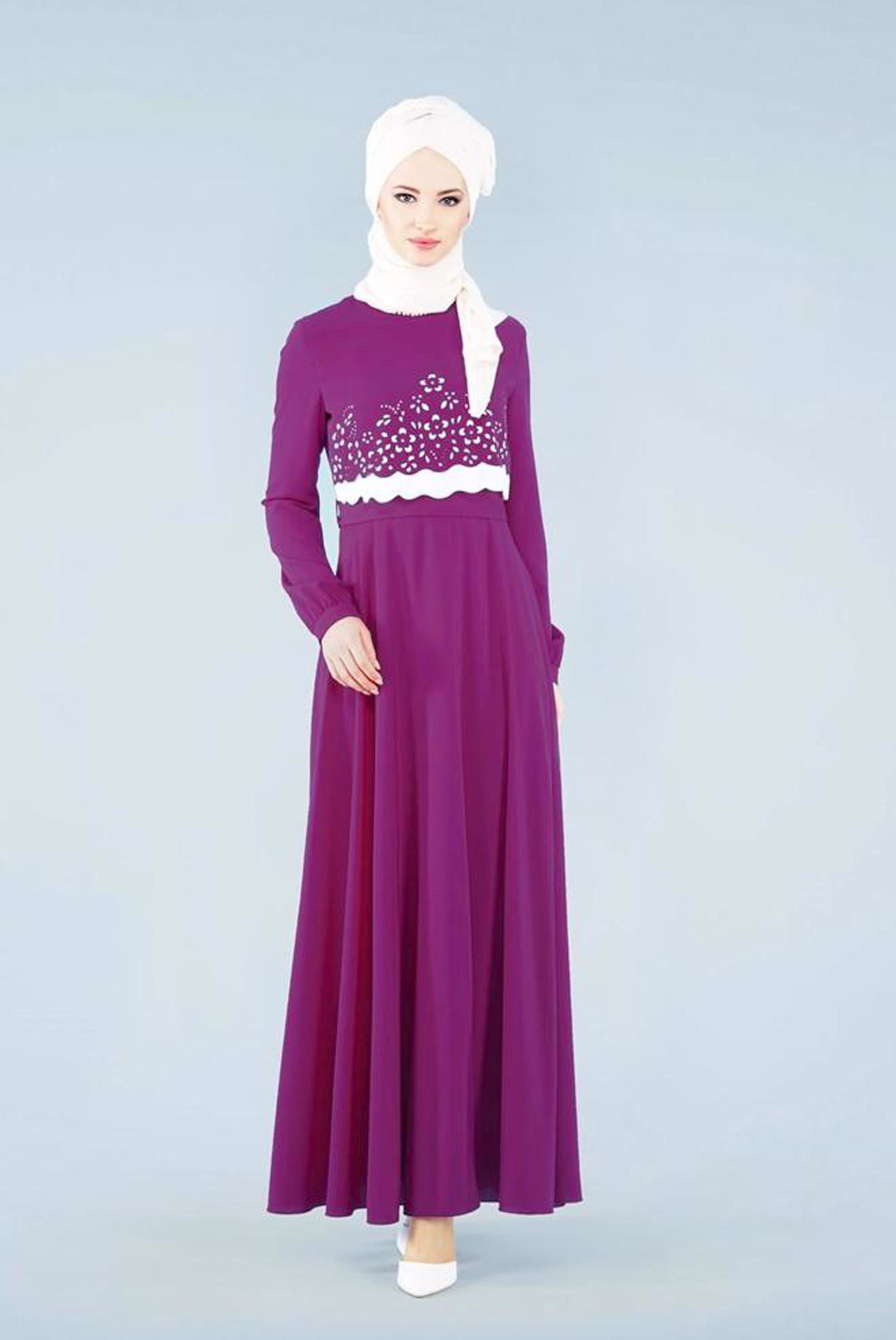 Tesettür giyim MÜRDÜM ÇİÇEK DESEN DETAYLI KUŞAKLI ELBİSE 4165 