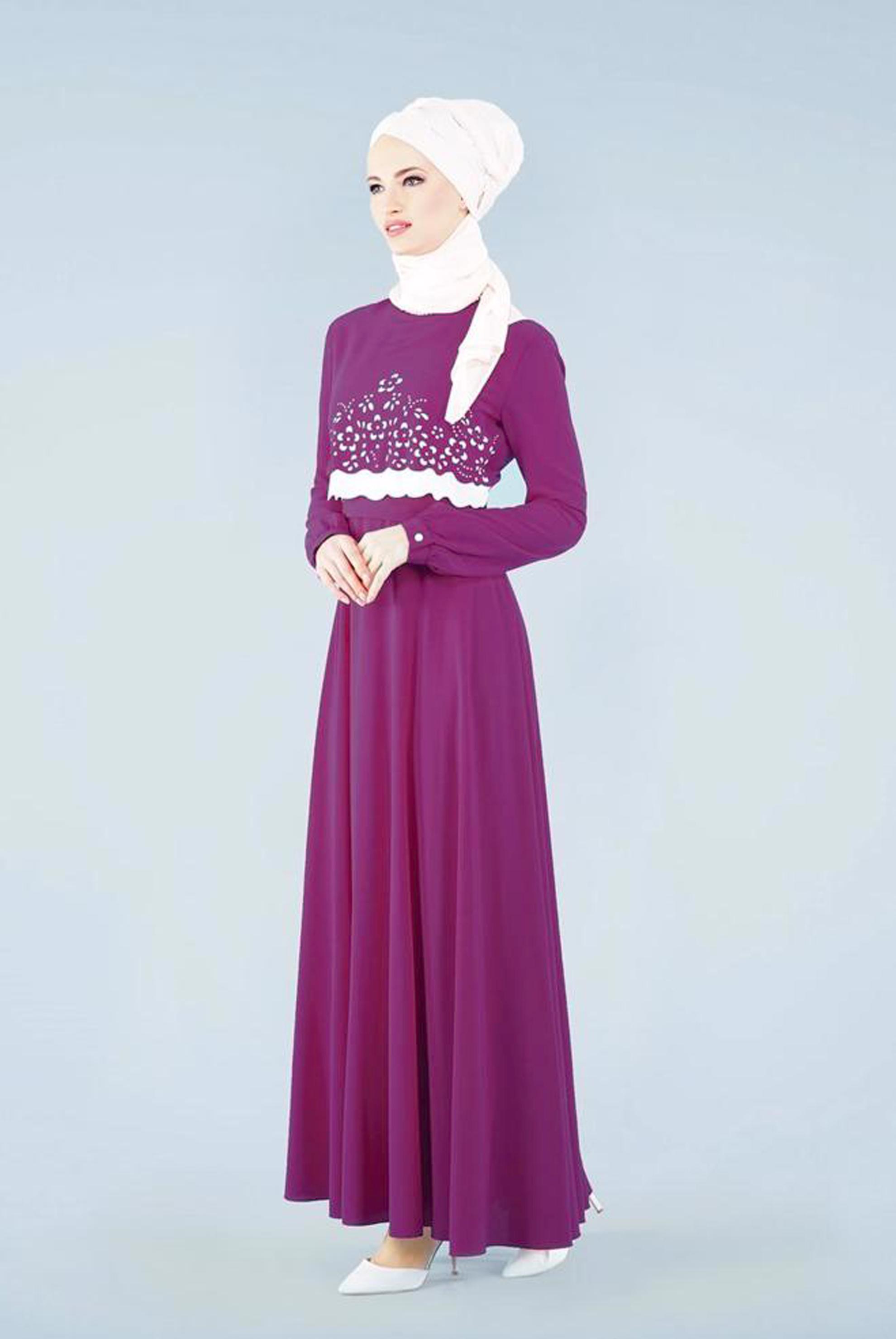 Tesettür giyim MÜRDÜM ÇİÇEK DESEN DETAYLI KUŞAKLI ELBİSE 4165 