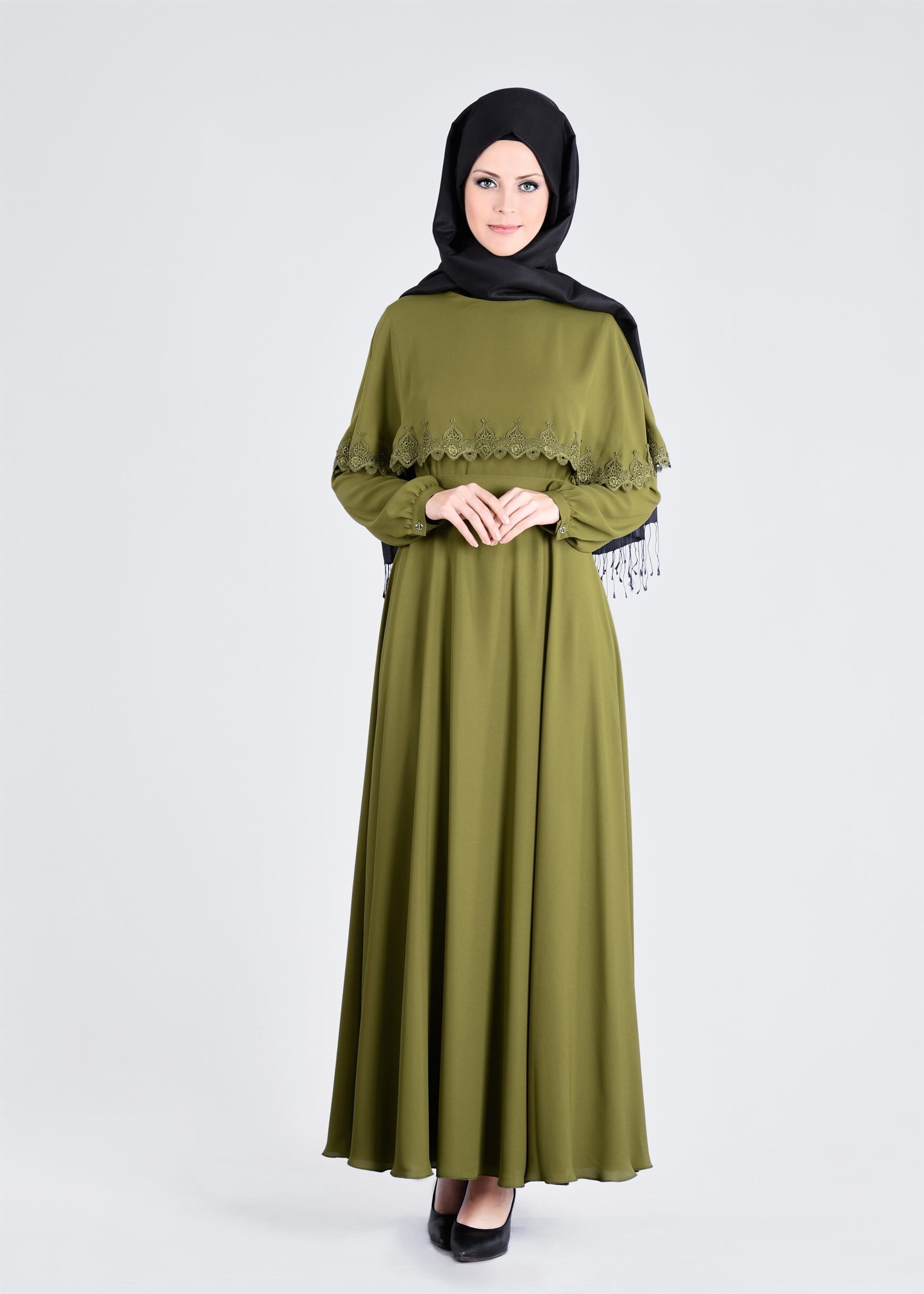 Tesettür giyim YEŞİL 4193 ESİNTİ ELBİSE 38/44 TEK40