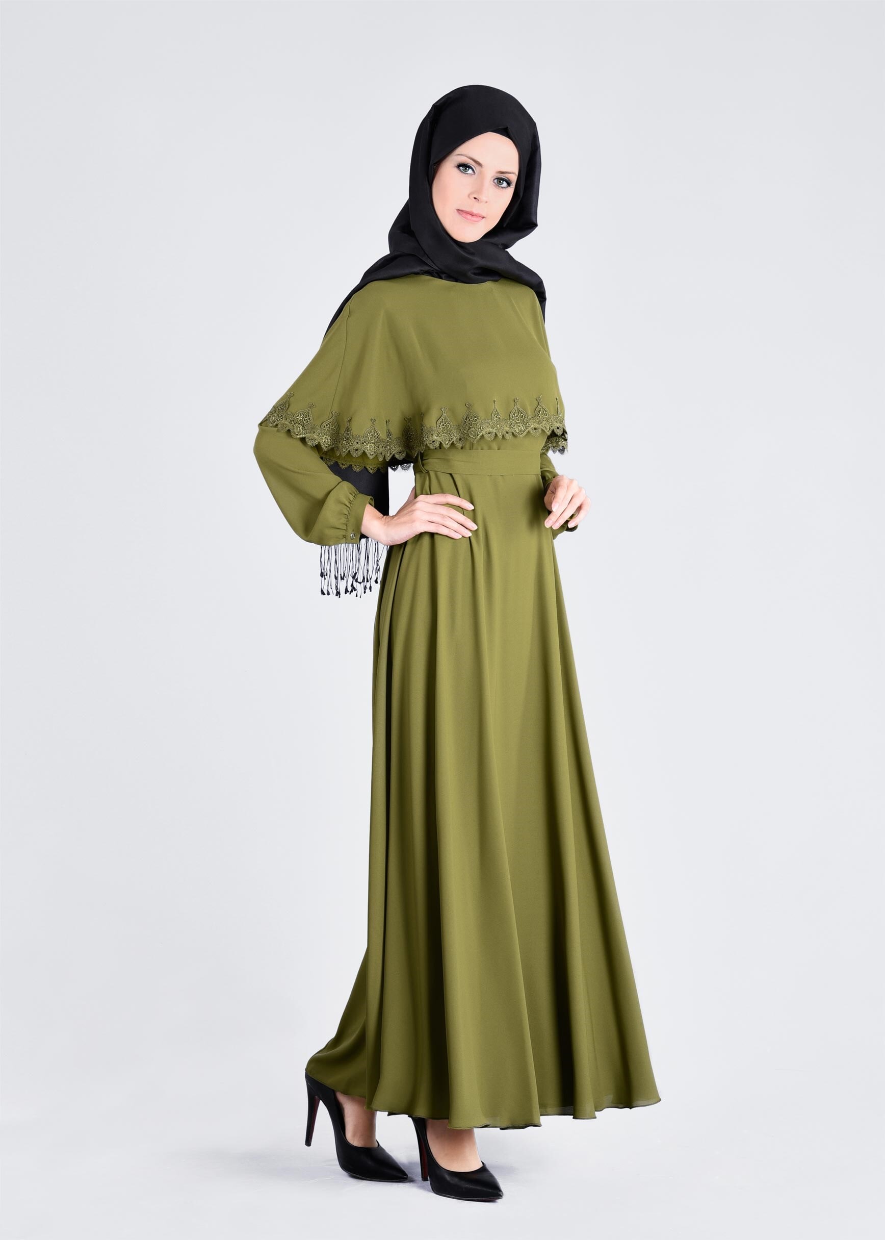 Tesettür giyim YEŞİL 4193 ESİNTİ ELBİSE 38/44 TEK40