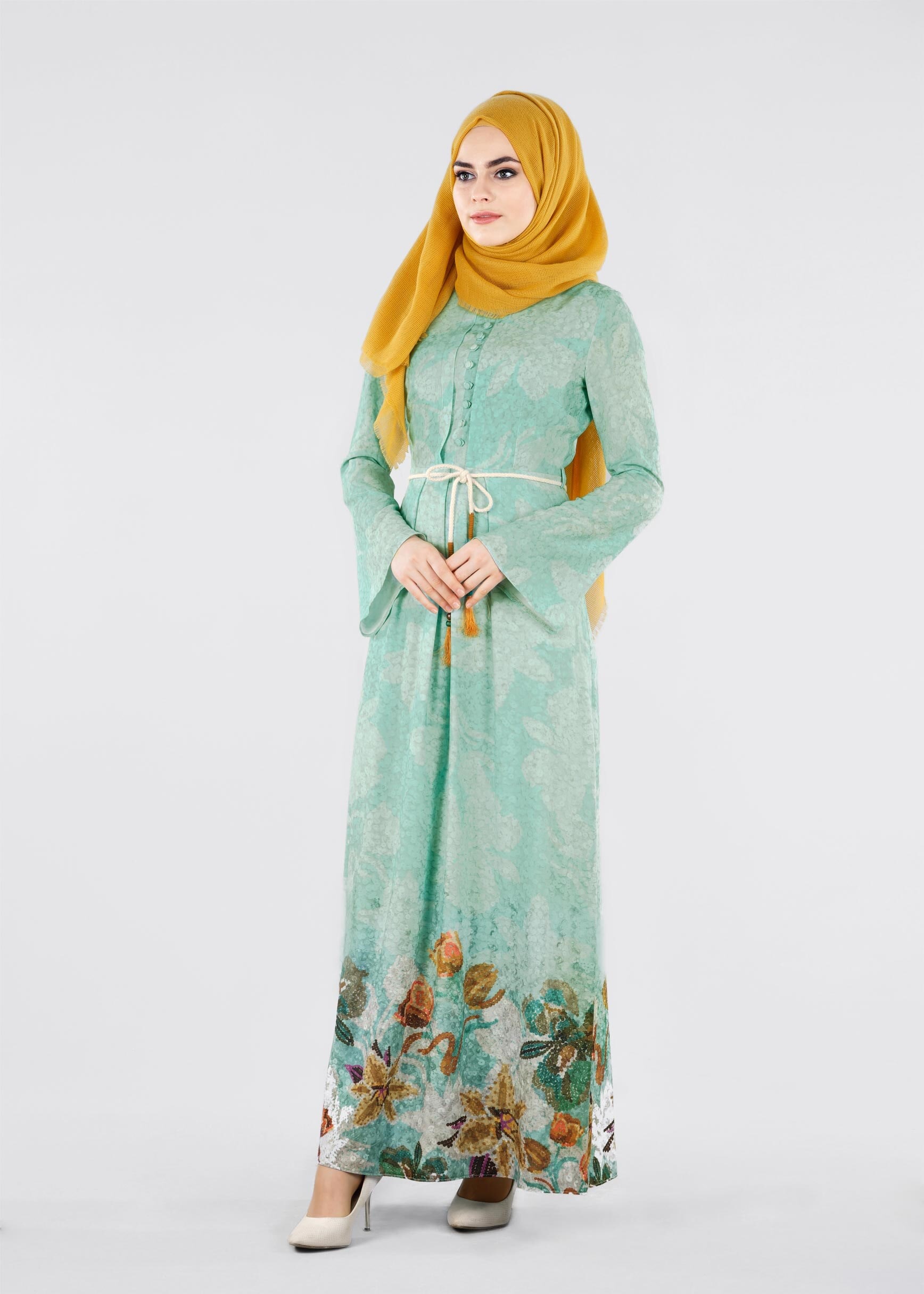 Tesettür giyim YEŞİL 4198 KOBE 20142 TESETTÜR ELBİSE 38/46 TEK40