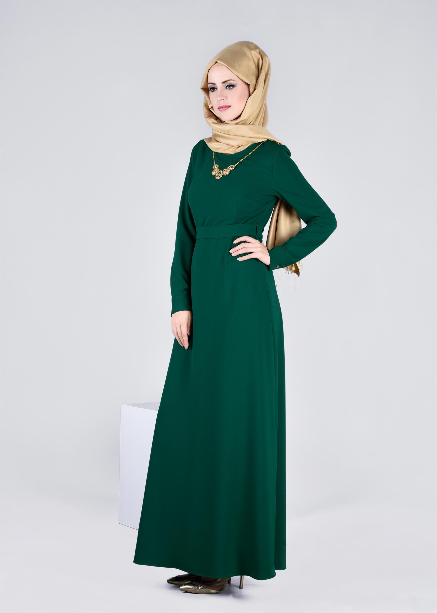 Tesettür giyim YEŞİL 4231 CAMİLA 6385 TESETTÜR ELBİSE 38/46 TEK40