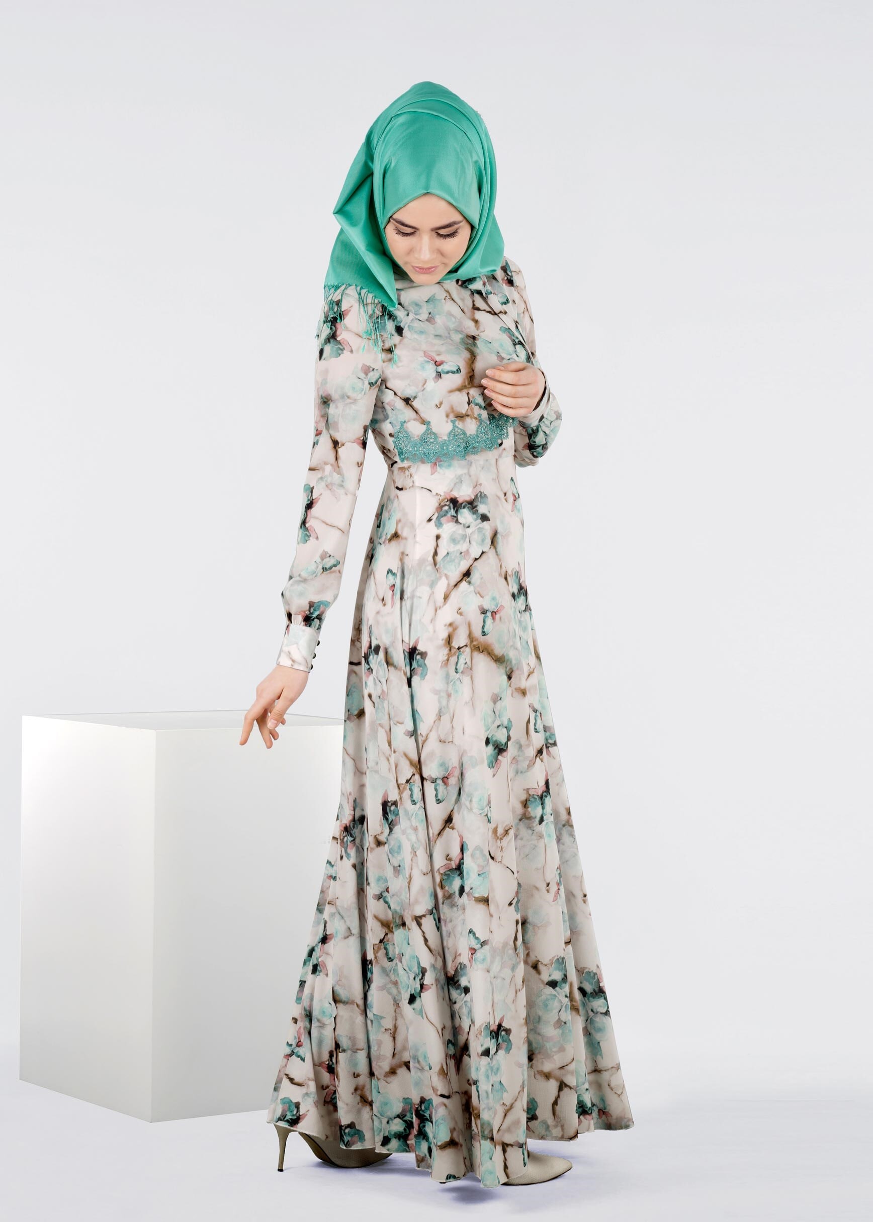 Tesettür giyim YEŞİL 4290 BURBLE 6221 ELBİSE 38/44 TEK40