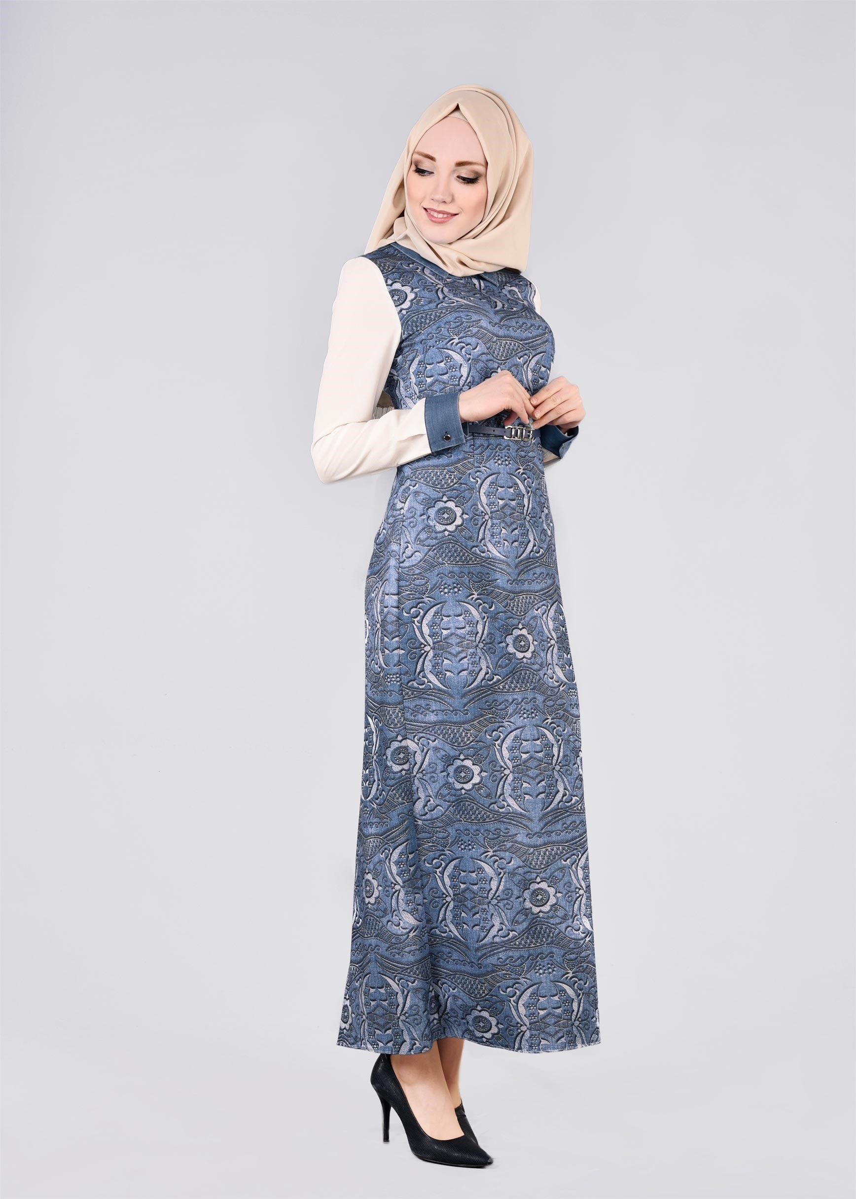 Tesettür giyim LACİVERT DESENLİ ELBİSE 4340 