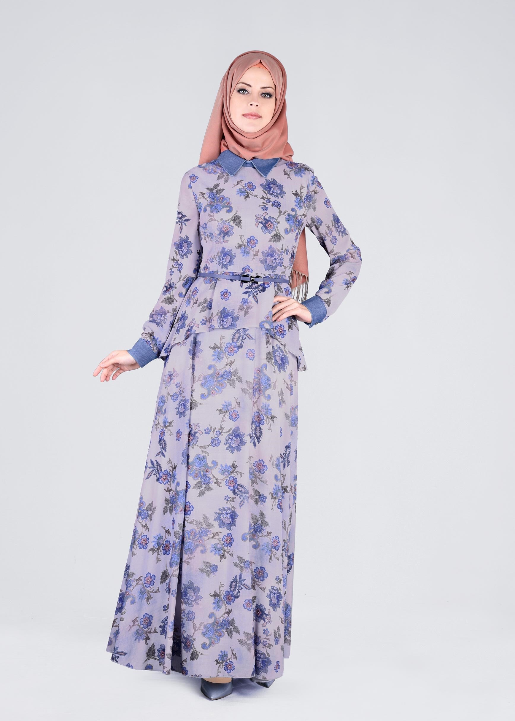 Tesettür giyim MAVİ ÇİÇEKLİ ELBİSE 4355 