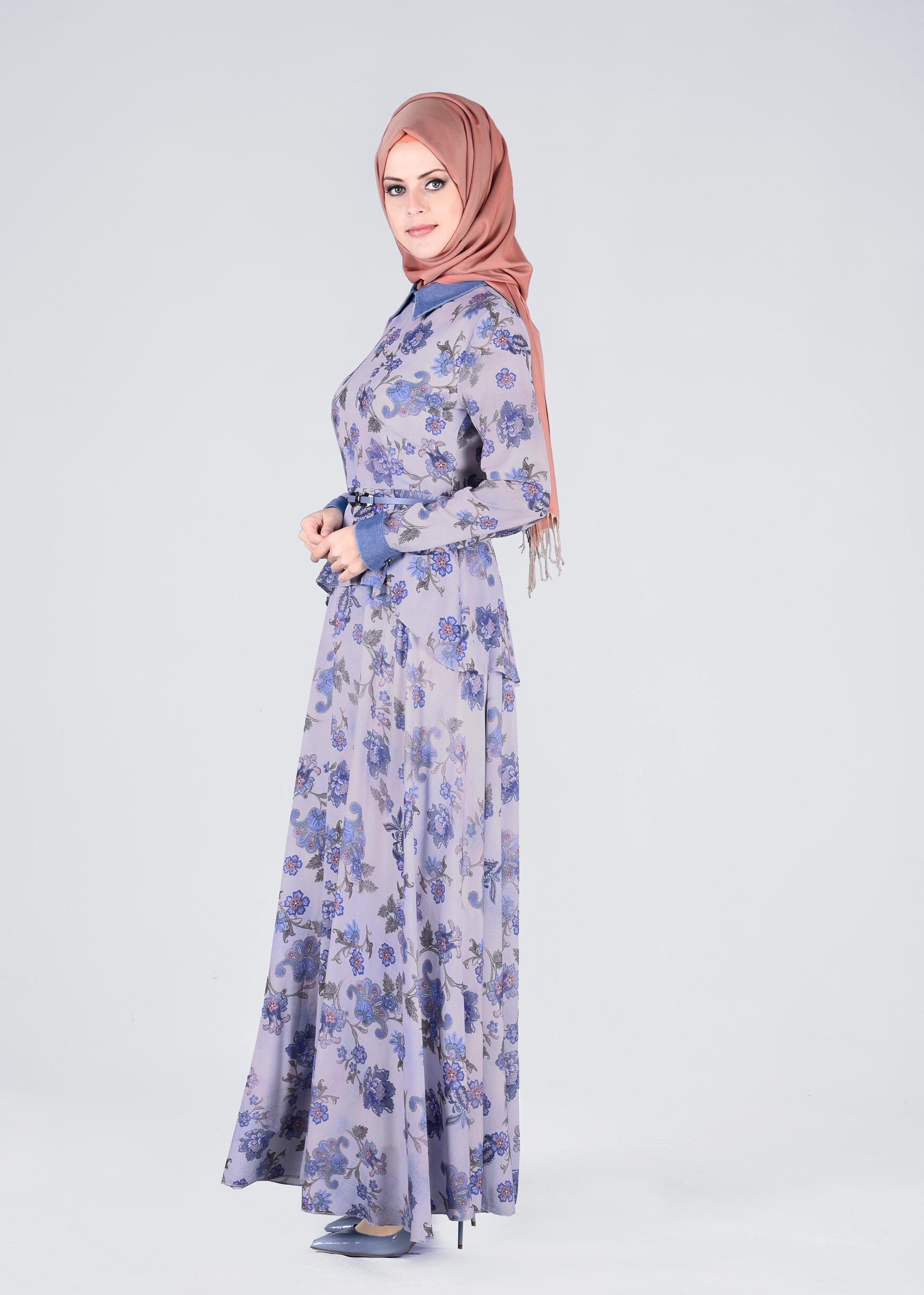 Tesettür giyim MAVİ ÇİÇEKLİ ELBİSE 4355 