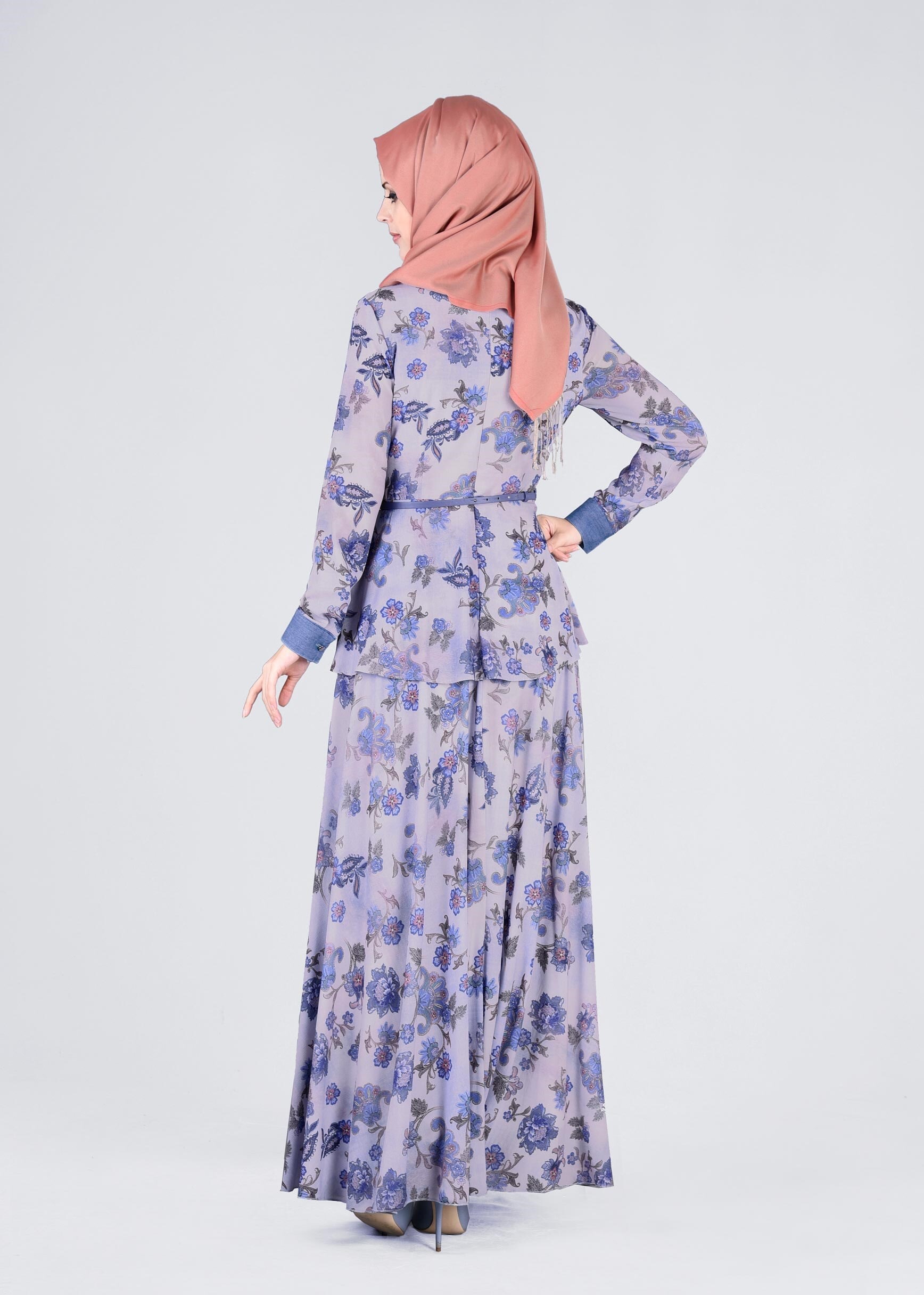 Tesettür giyim MAVİ ÇİÇEKLİ ELBİSE 4355 