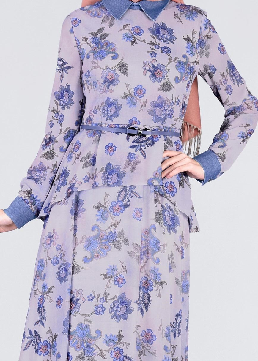 Tesettür giyim MAVİ ÇİÇEKLİ ELBİSE 4355 