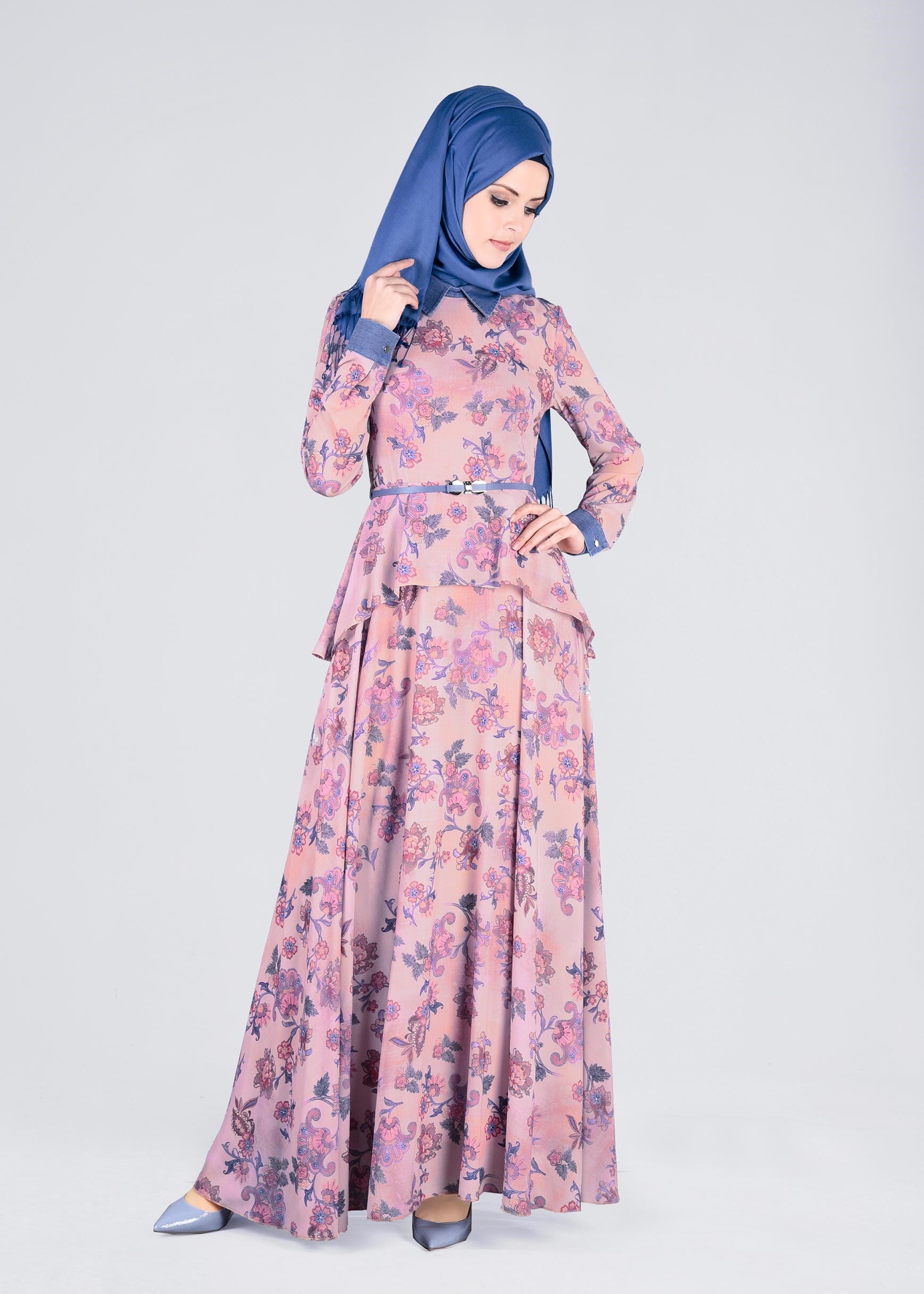 Tesettür giyim PUDRA ÇİÇEKLİ ELBİSE 4355 