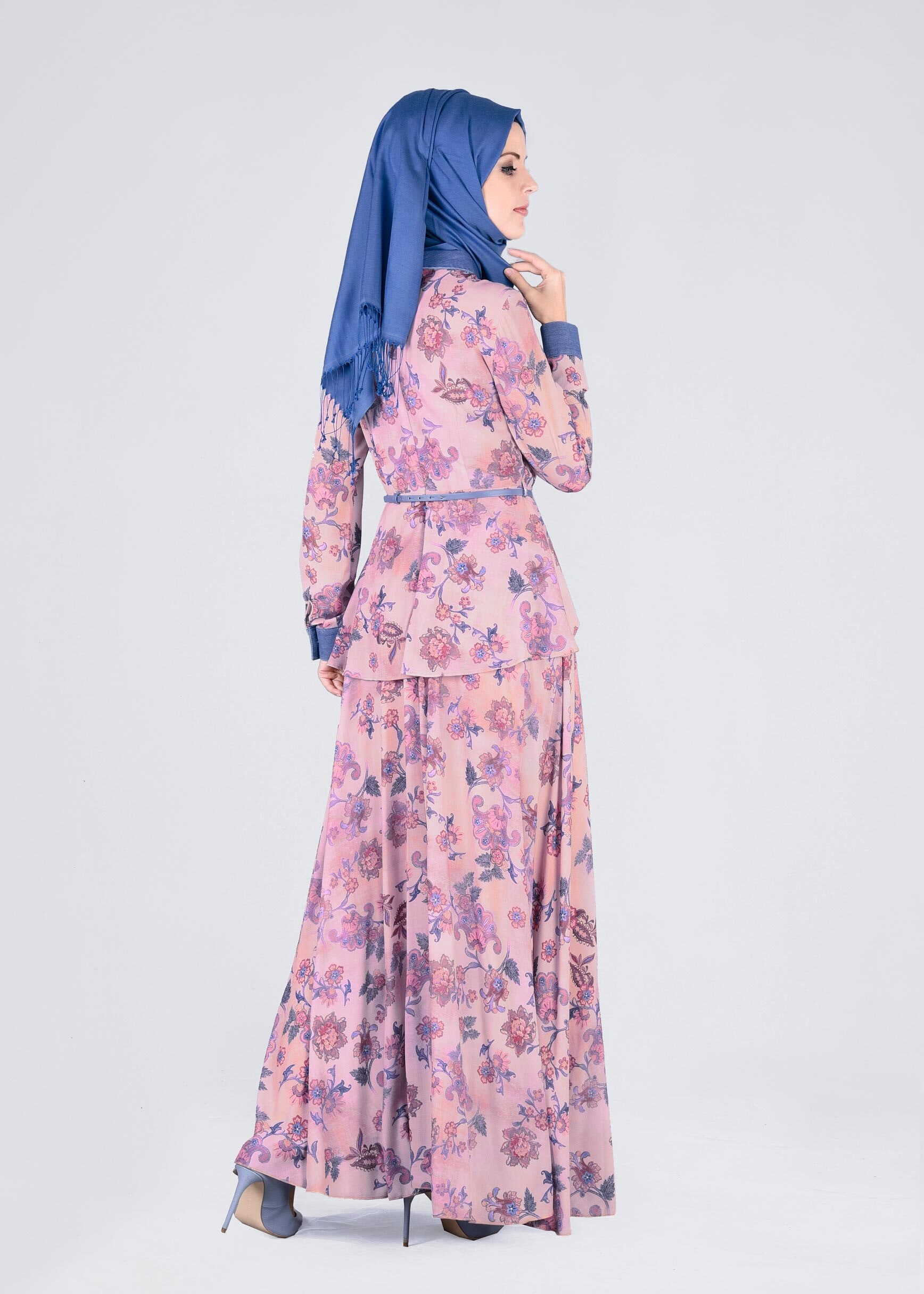 Tesettür giyim PUDRA ÇİÇEKLİ ELBİSE 4355 