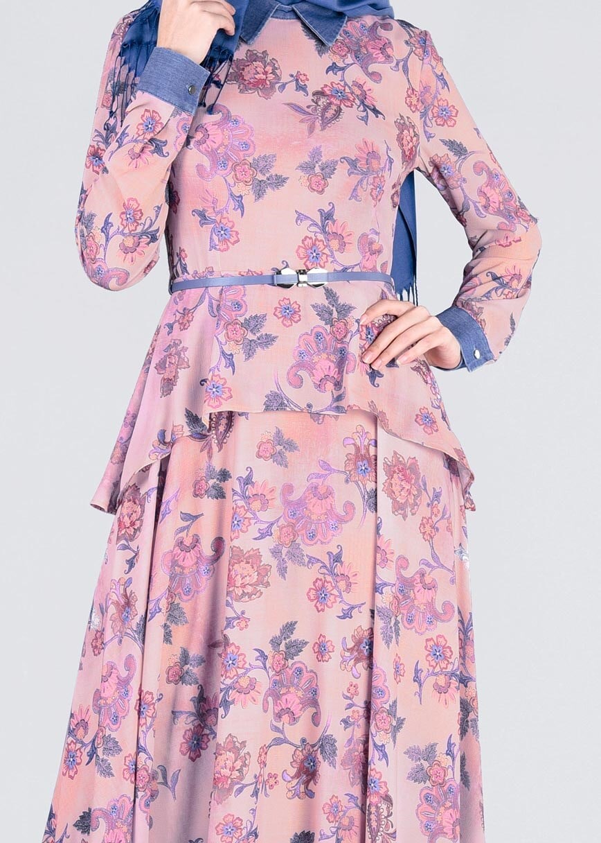 Tesettür giyim PUDRA ÇİÇEKLİ ELBİSE 4355 