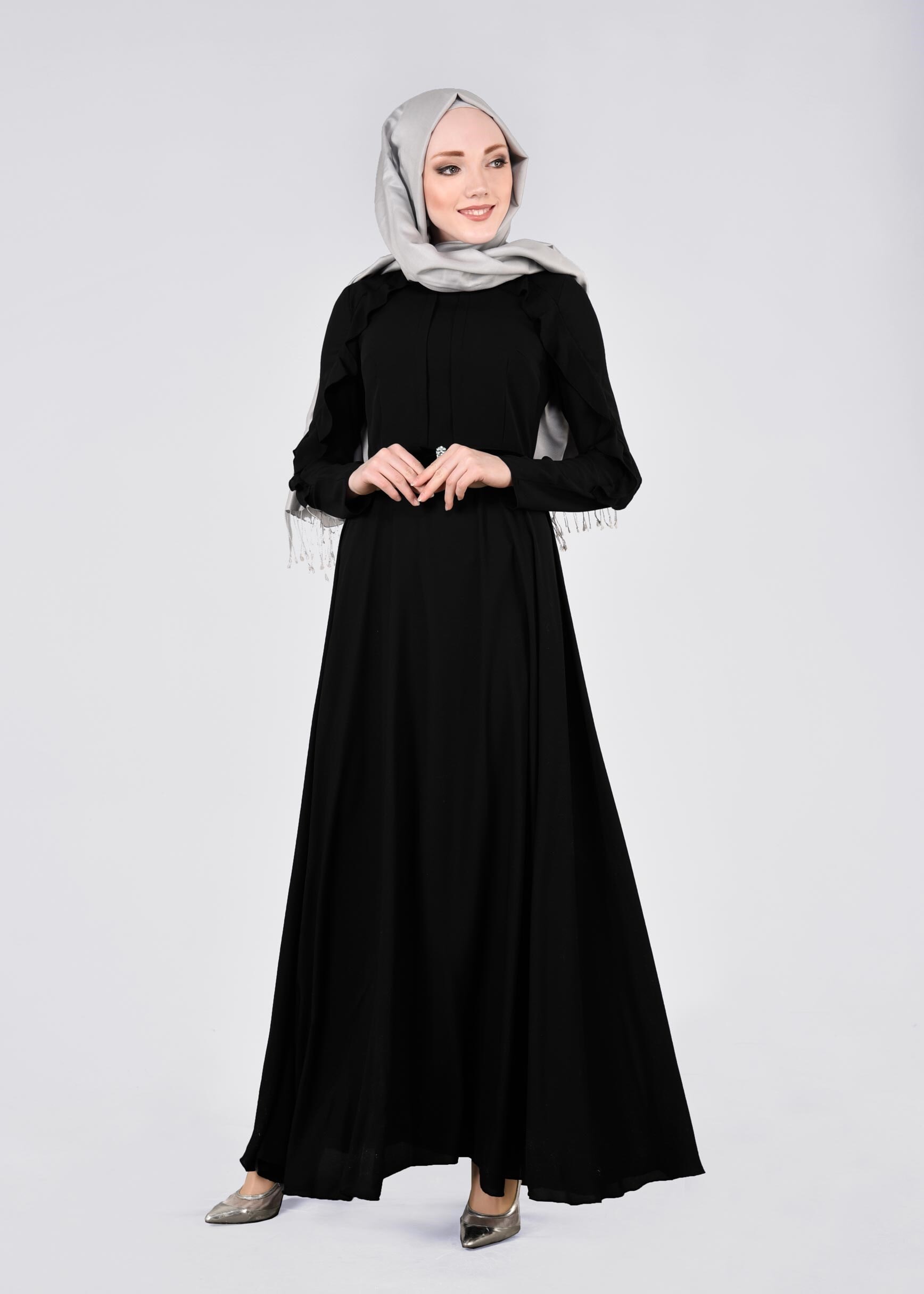 Tesettür giyim SİYAH 4367 ESİNTİ ELBİSE 38/46 TEK40