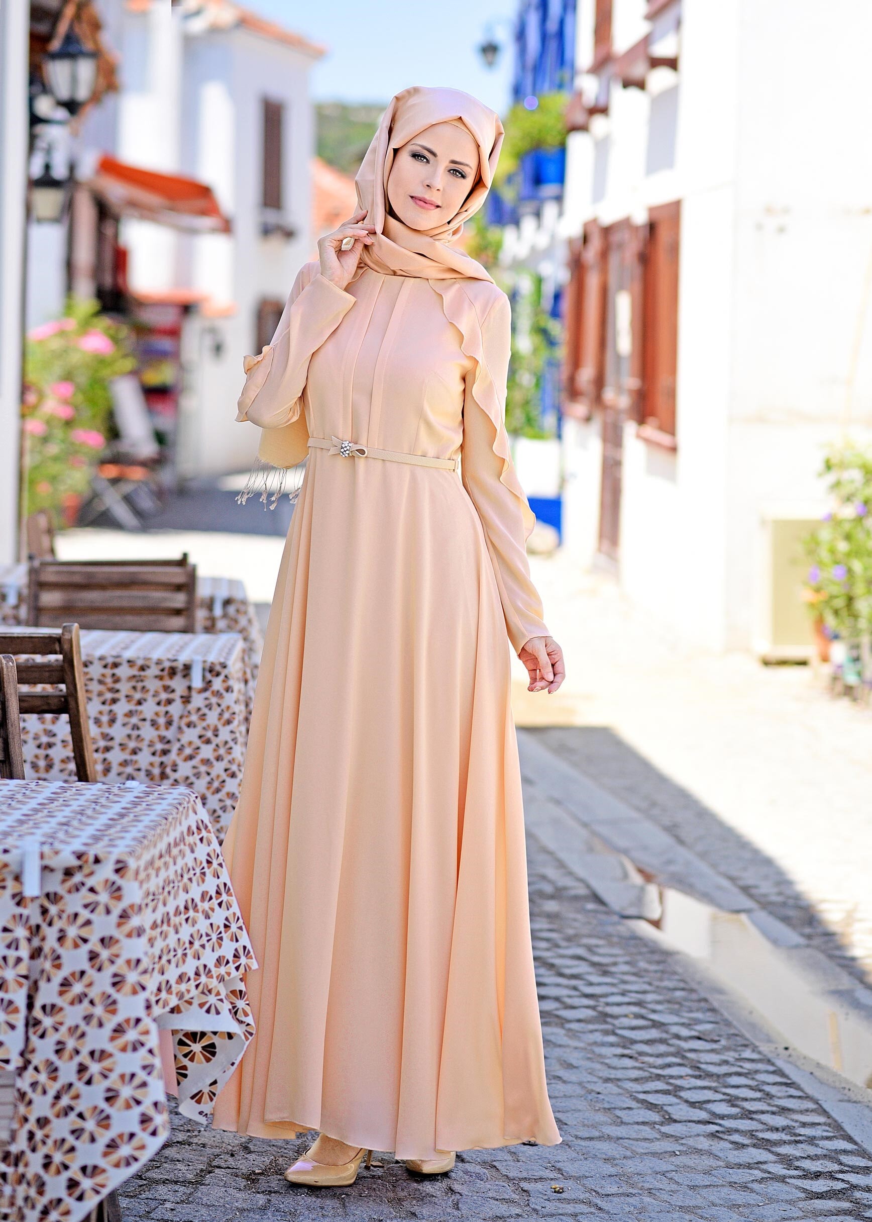 Tesettür giyim PUDRA 4367 ESİNTİ ELBİSE 38/46 TEK40