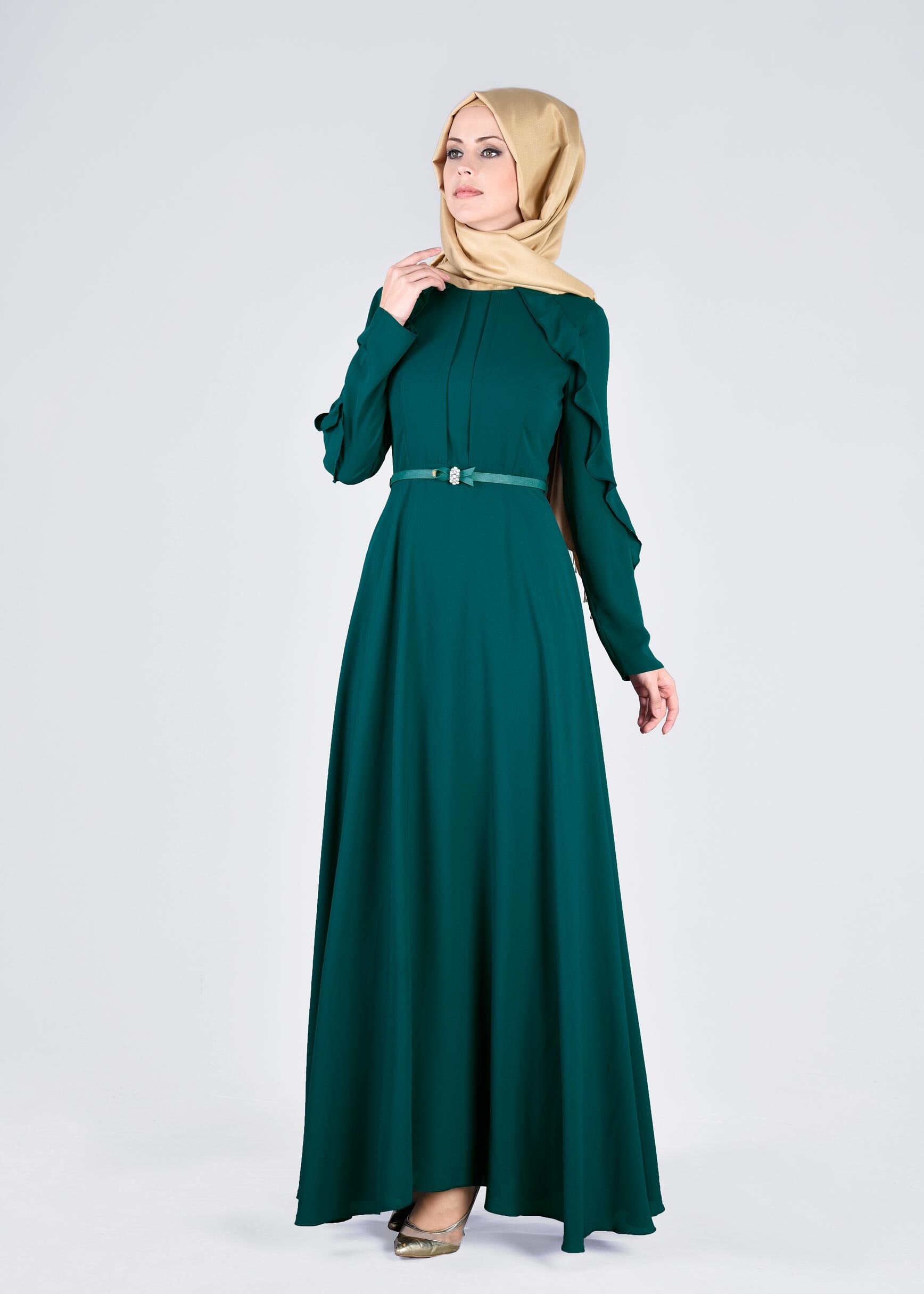 Tesettür giyim YEŞİL 4367 ESİNTİ ELBİSE 38/46 TEK40