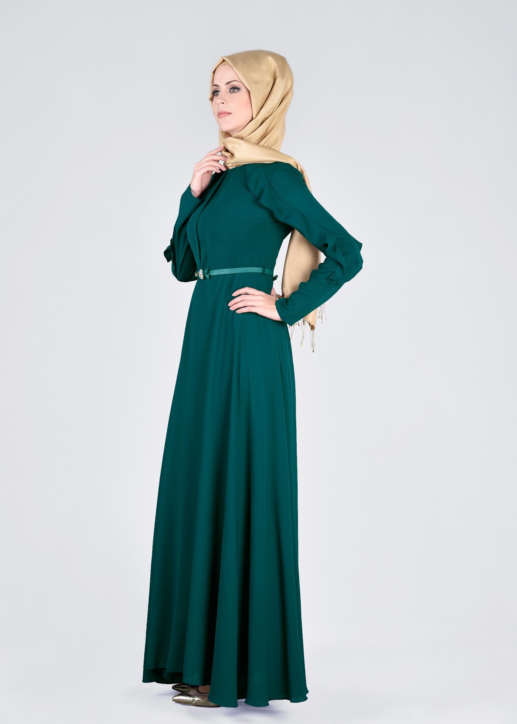 Tesettür giyim YEŞİL 4367 ESİNTİ ELBİSE 38/46 TEK40