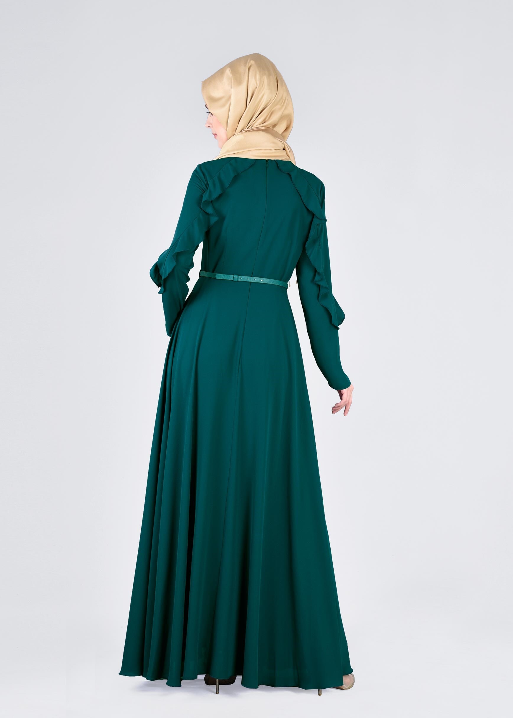 Tesettür giyim YEŞİL 4367 ESİNTİ ELBİSE 38/46 TEK40