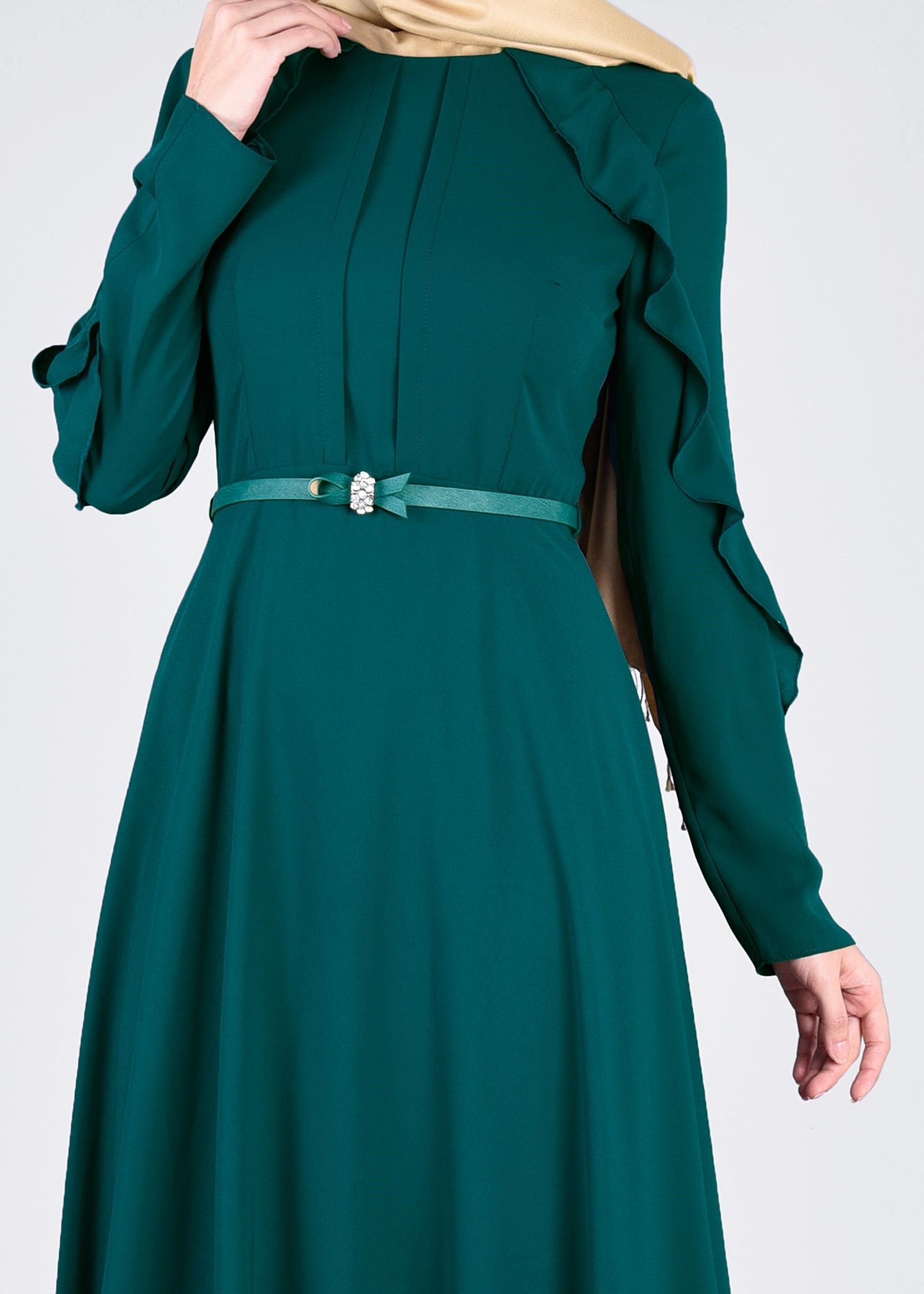 Tesettür giyim YEŞİL 4367 ESİNTİ ELBİSE 38/46 TEK40