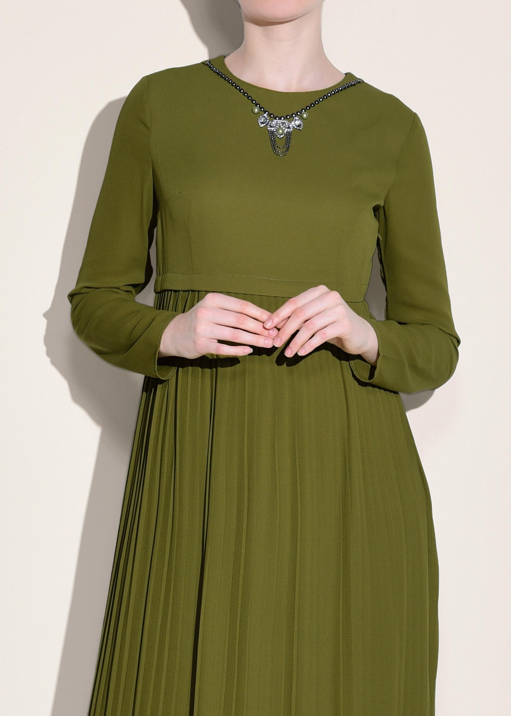 Tesettür giyim YEŞİL 4369 ESİNTİ ELBİSE 38/46 TEK40