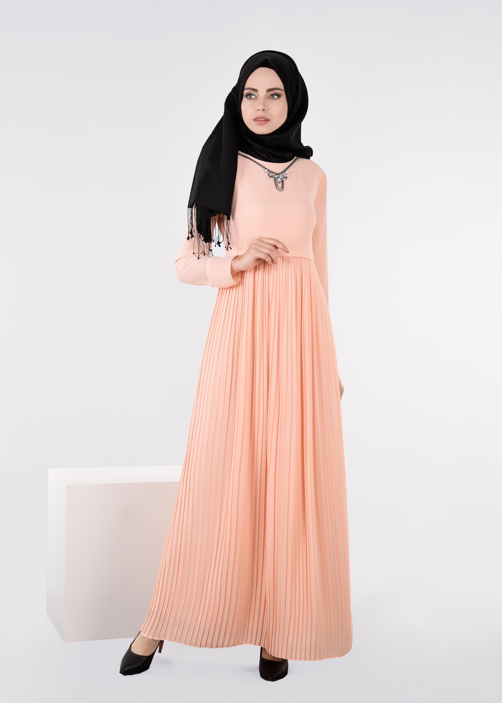 Tesettür giyim PUDRA 4369 ESİNTİ ELBİSE 38/46 TEK40