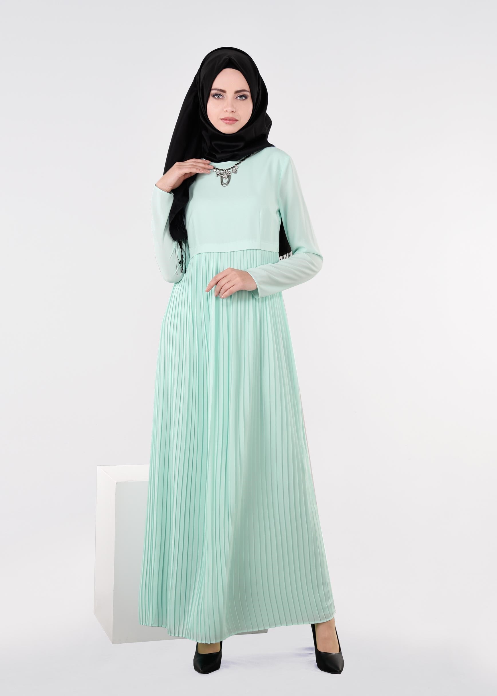 Tesettür giyim YEŞİL 4369 ESİNTİ ELBİSE 38/46 TEK40