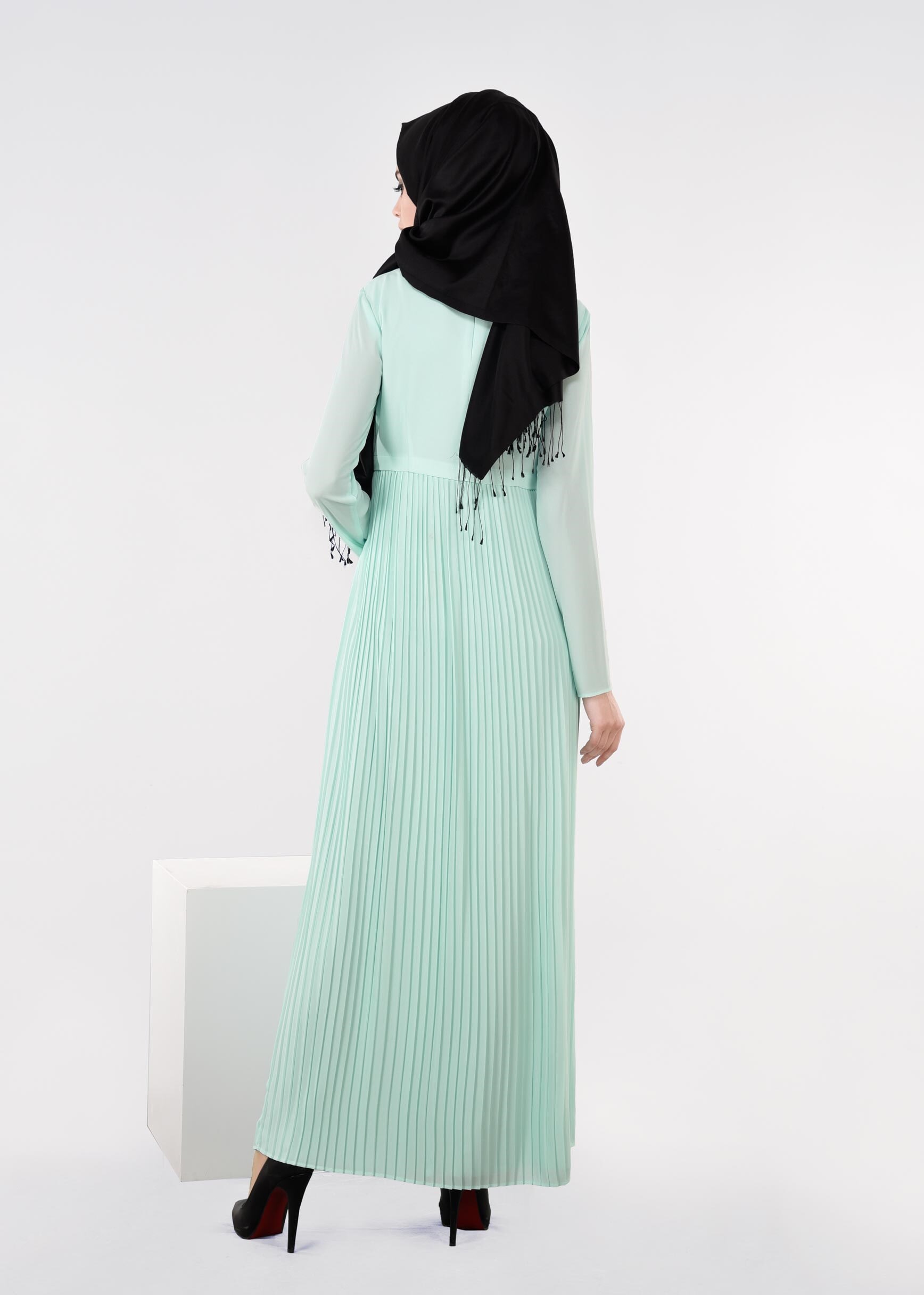 Tesettür giyim YEŞİL 4369 ESİNTİ ELBİSE 38/46 TEK40