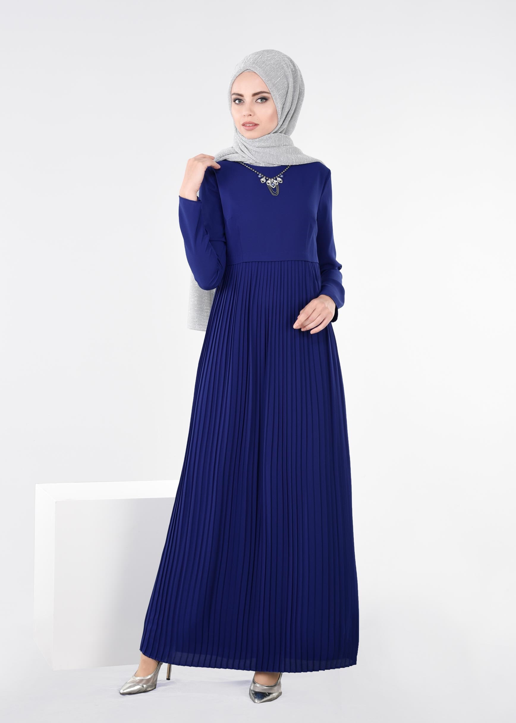 Tesettür giyim MAVİ 4369 ESİNTİ ELBİSE 38/46 TEK40