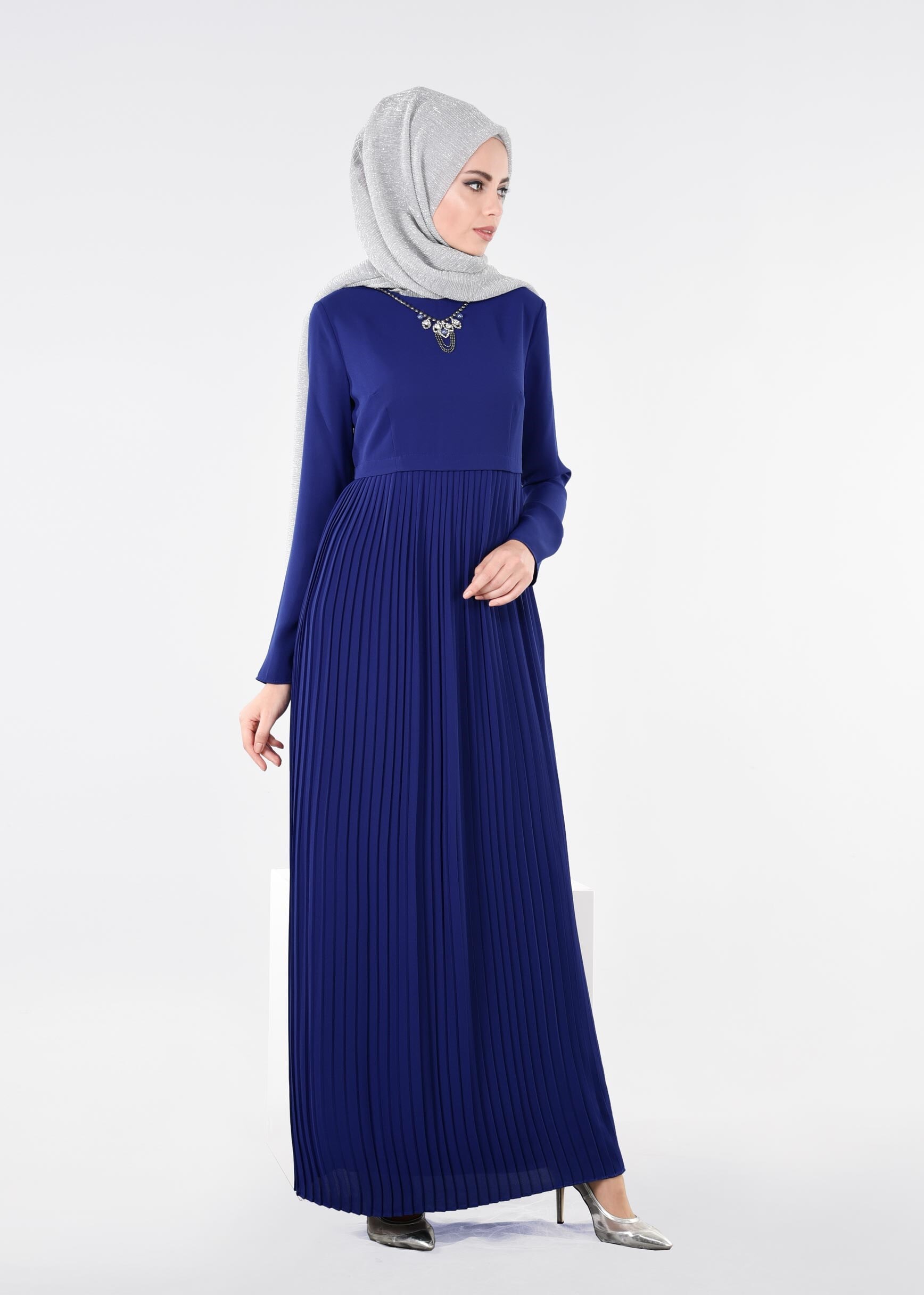 Tesettür giyim MAVİ 4369 ESİNTİ ELBİSE 38/46 TEK40