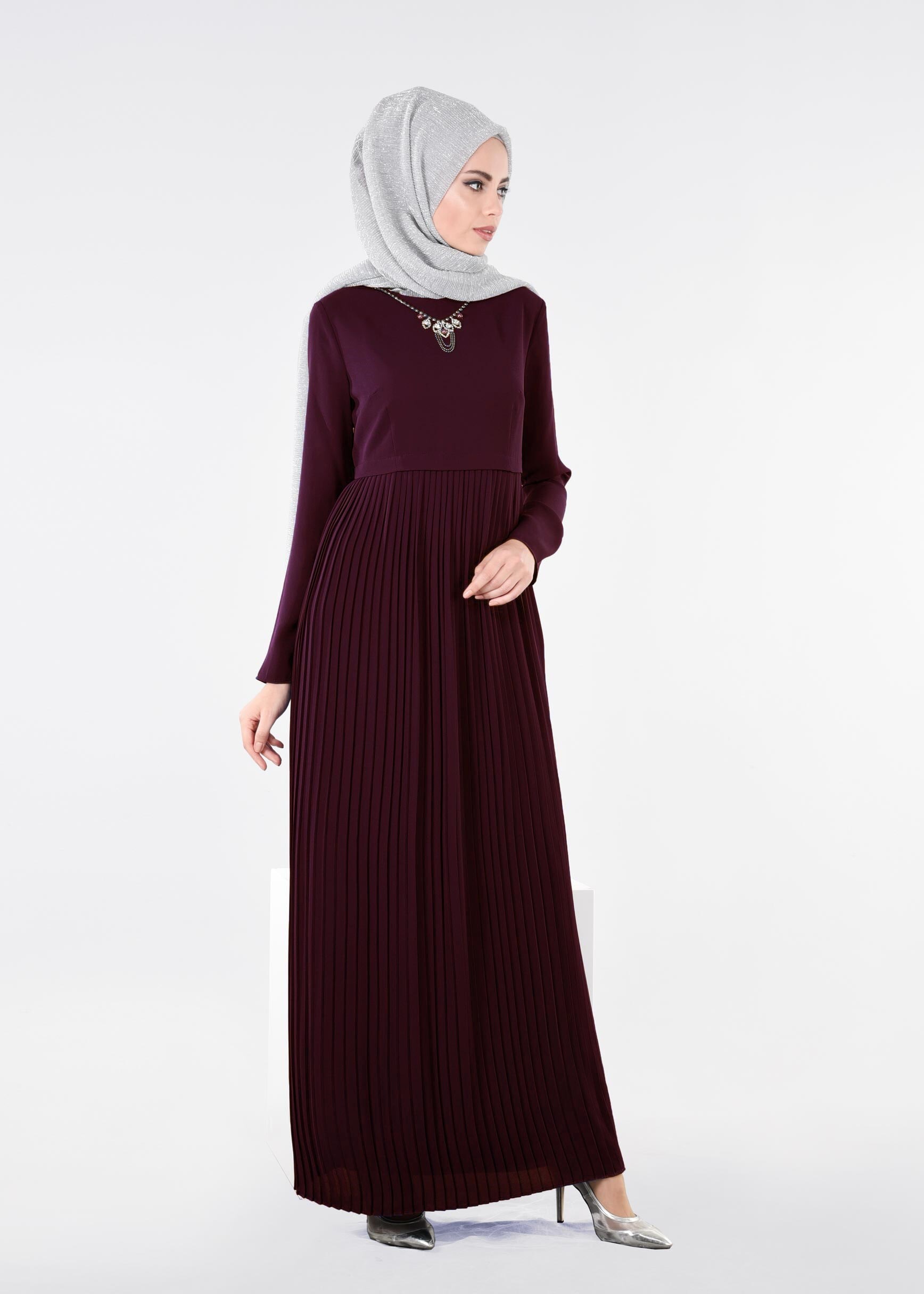 Tesettür giyim BORDO 4369 ESİNTİ ELBİSE 38/46 TEK40