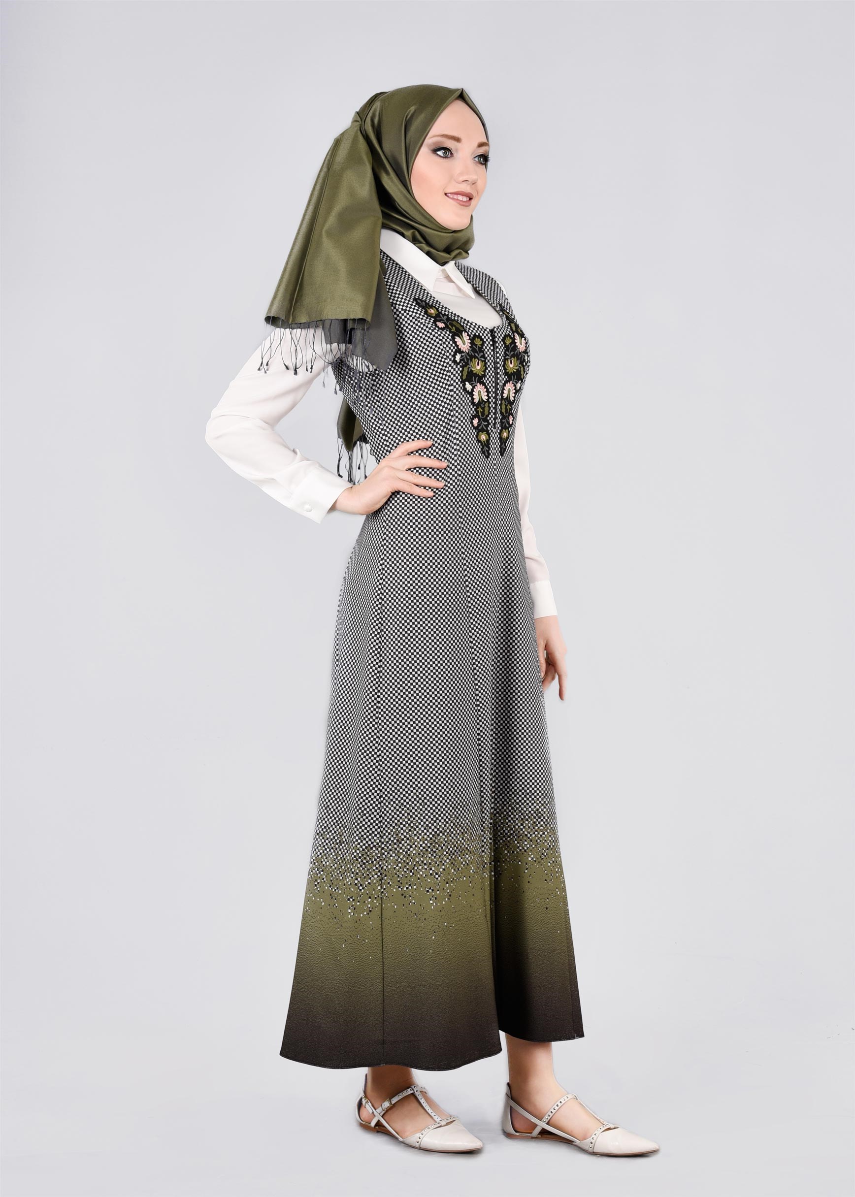 Tesettür giyim HAKİ 4370 POWER 2246 2&prime;Lİ ELBİSE 38/46