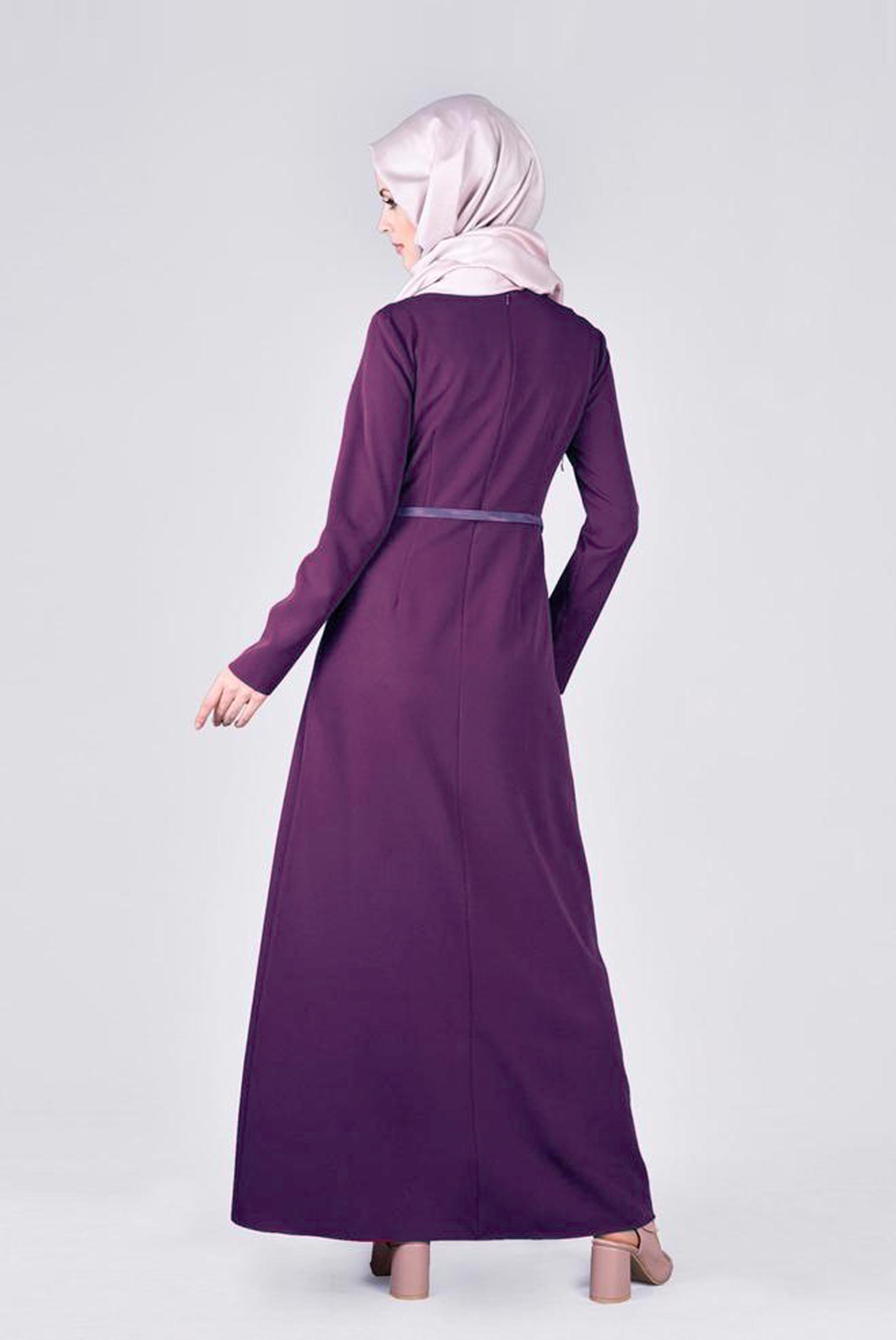 Tesettür giyim MOR BELİ PİLE DETAYLI ELBİSE 4398 