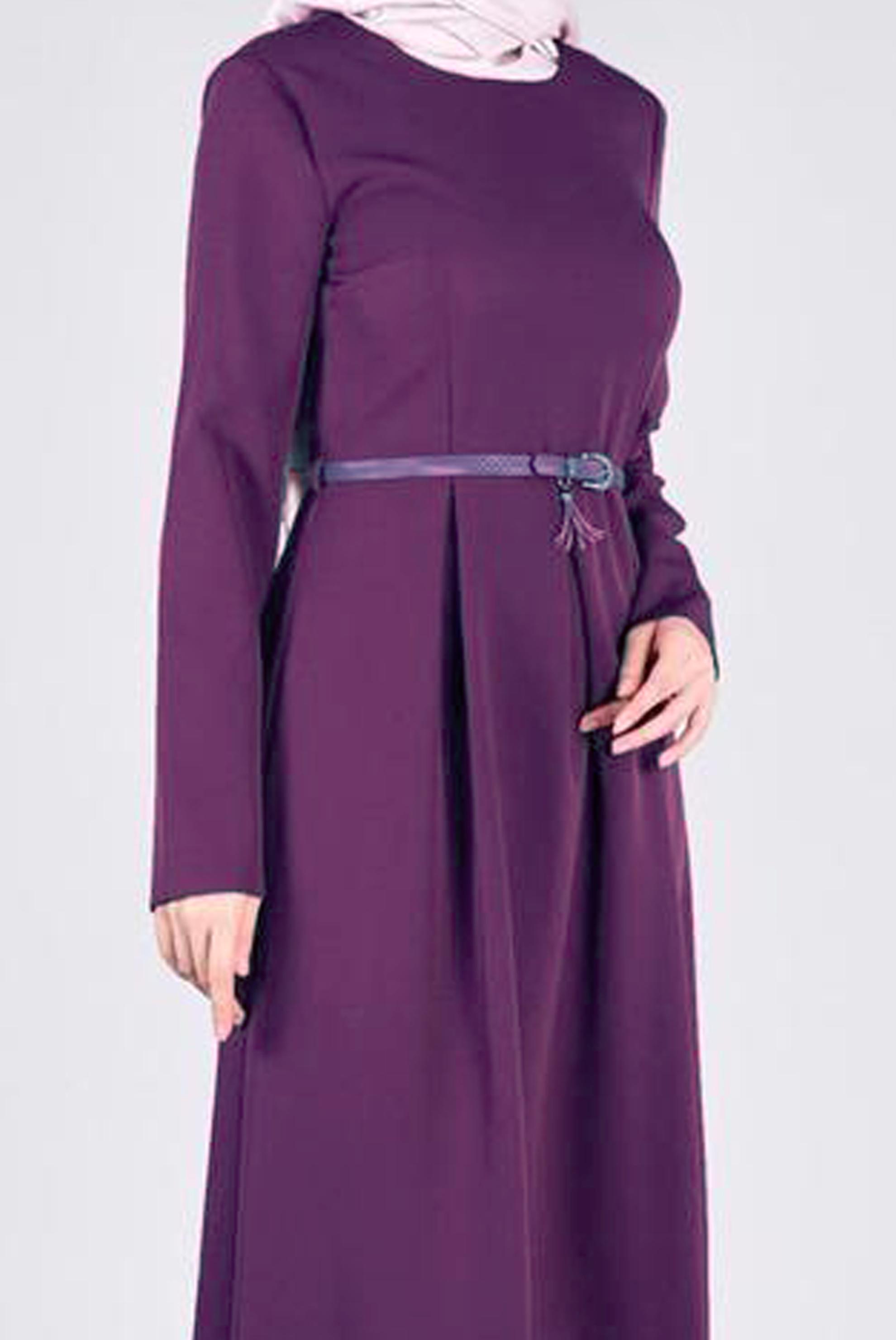 Tesettür giyim MOR BELİ PİLE DETAYLI ELBİSE 4398 
