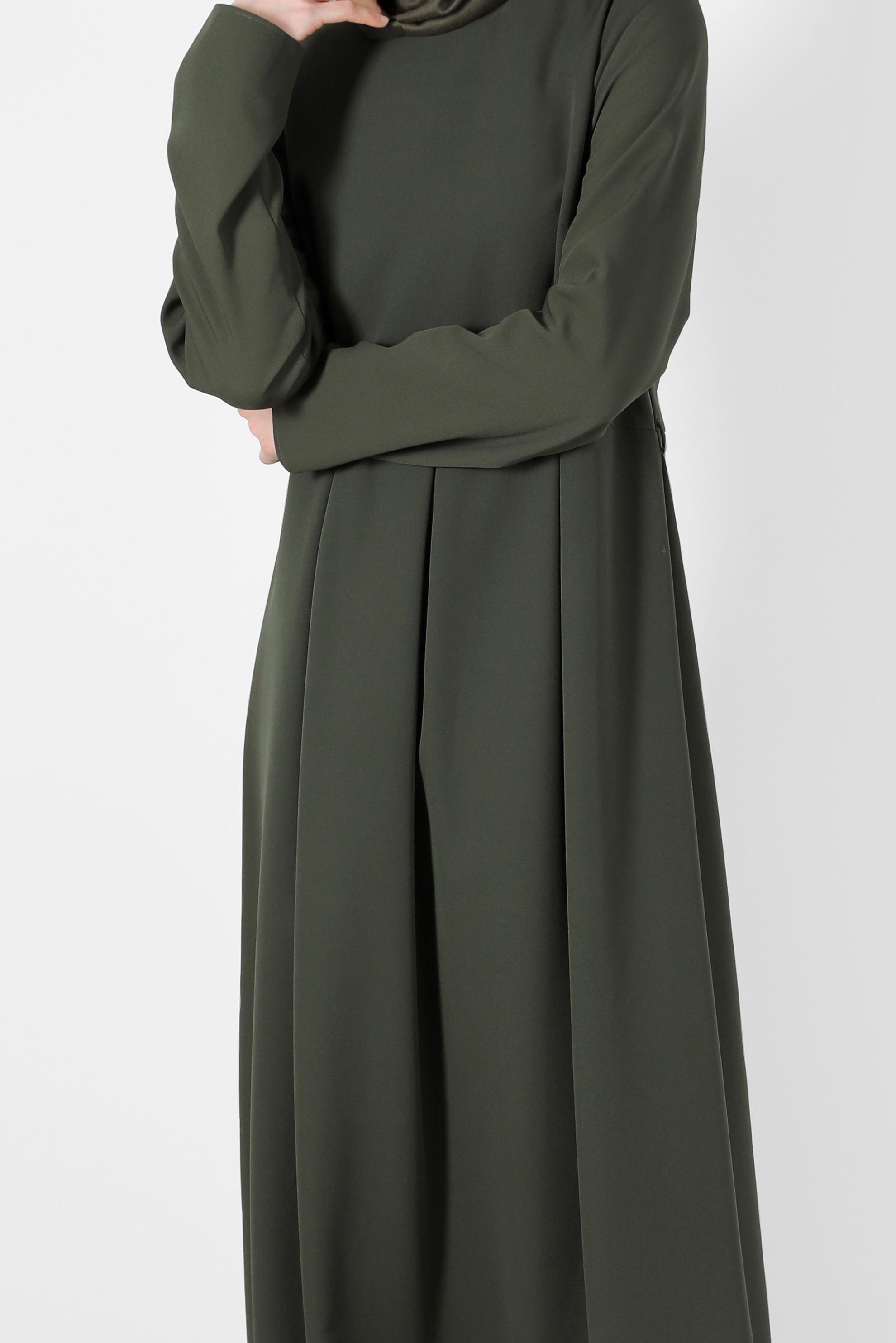 Tesettür giyim HAKİ BELİ PİLE DETAYLI ELBİSE 4398 