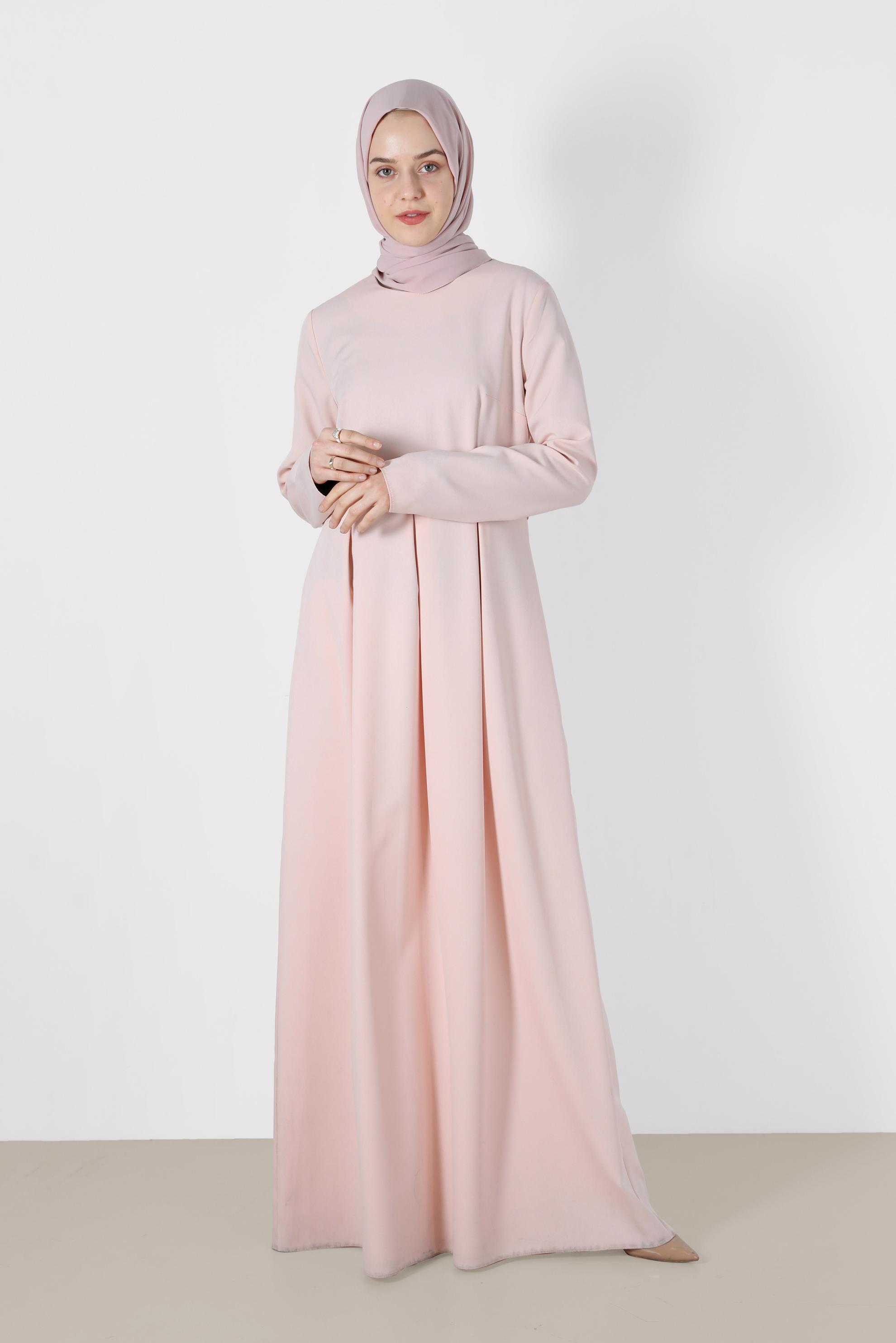 Tesettür giyim PUDRA BELİ PİLE DETAYLI ELBİSE 4398 